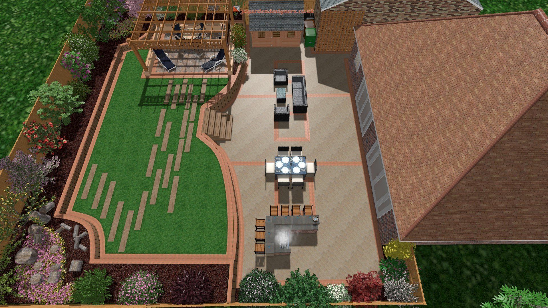 An aerial view of a backyard with a house in the background