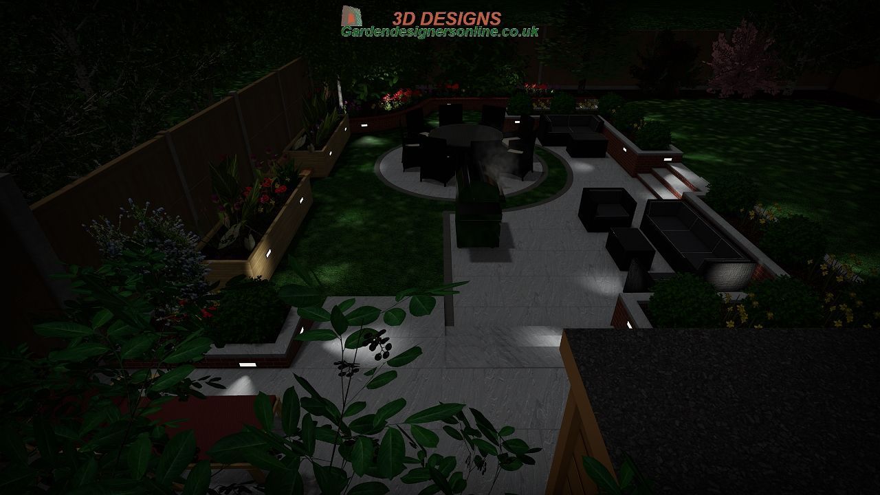 A computer generated image of a garden at night.