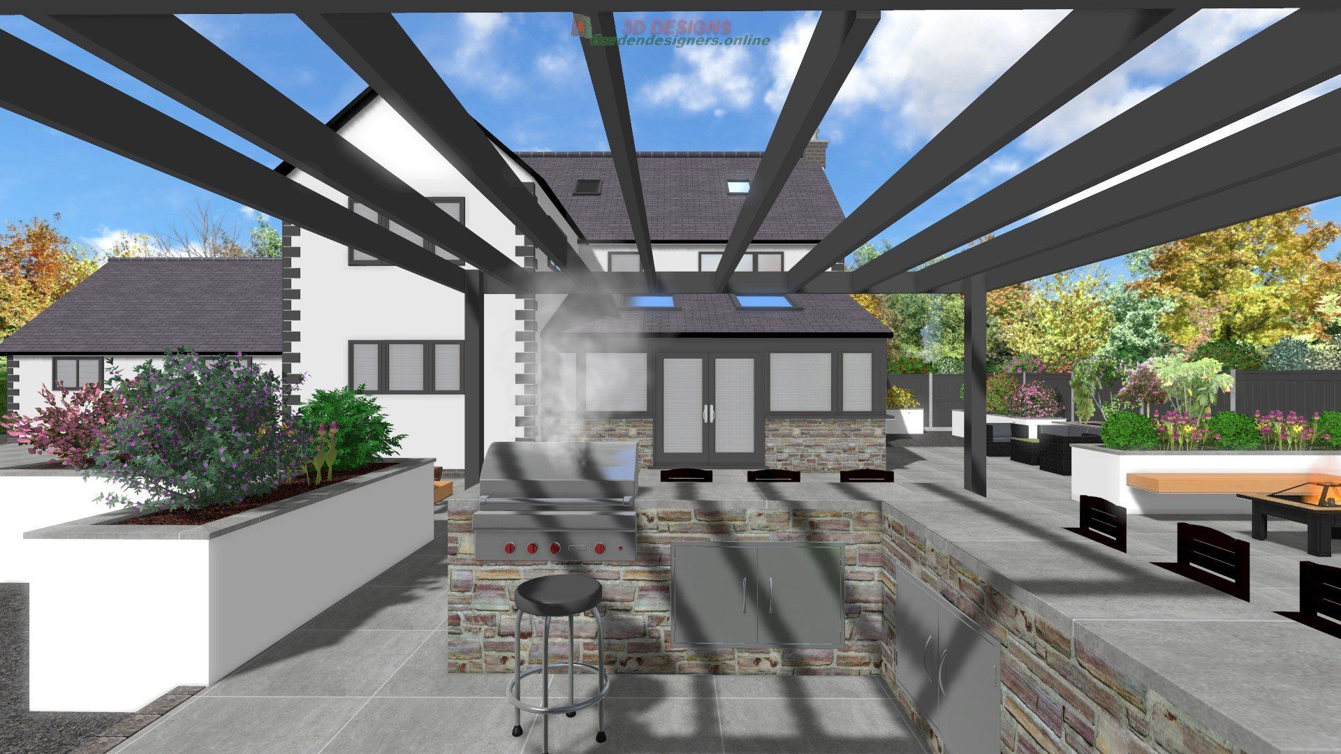 A computer generated image of a house with a patio area