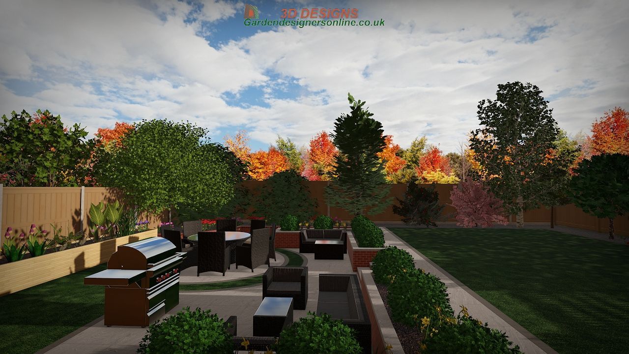A computer generated image of a backyard with furniture and trees