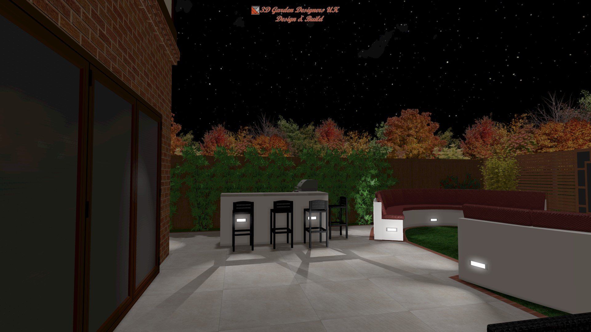 A computer generated image of a patio at night