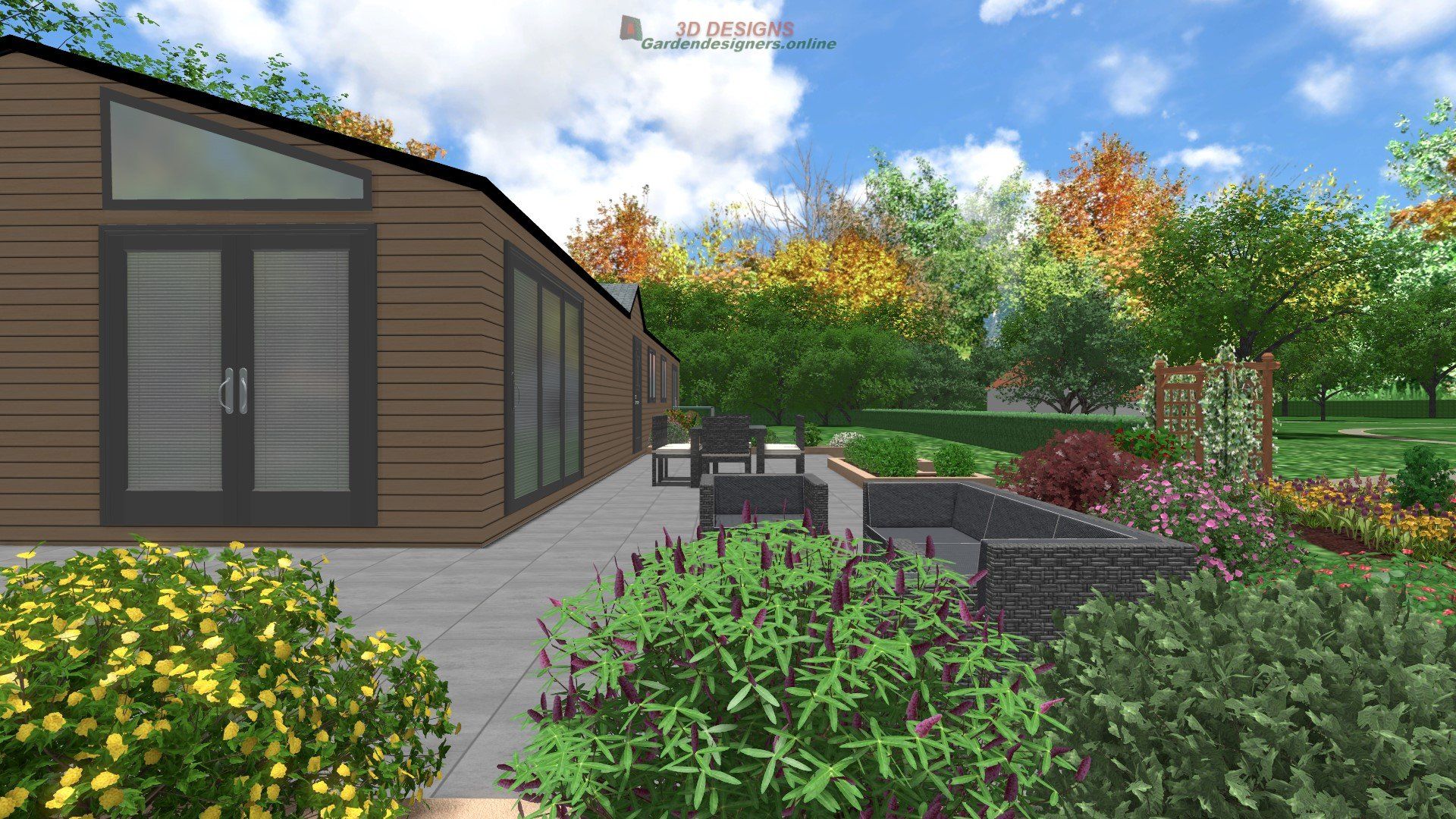 A computer generated image of a house with a patio and trees in the background.
