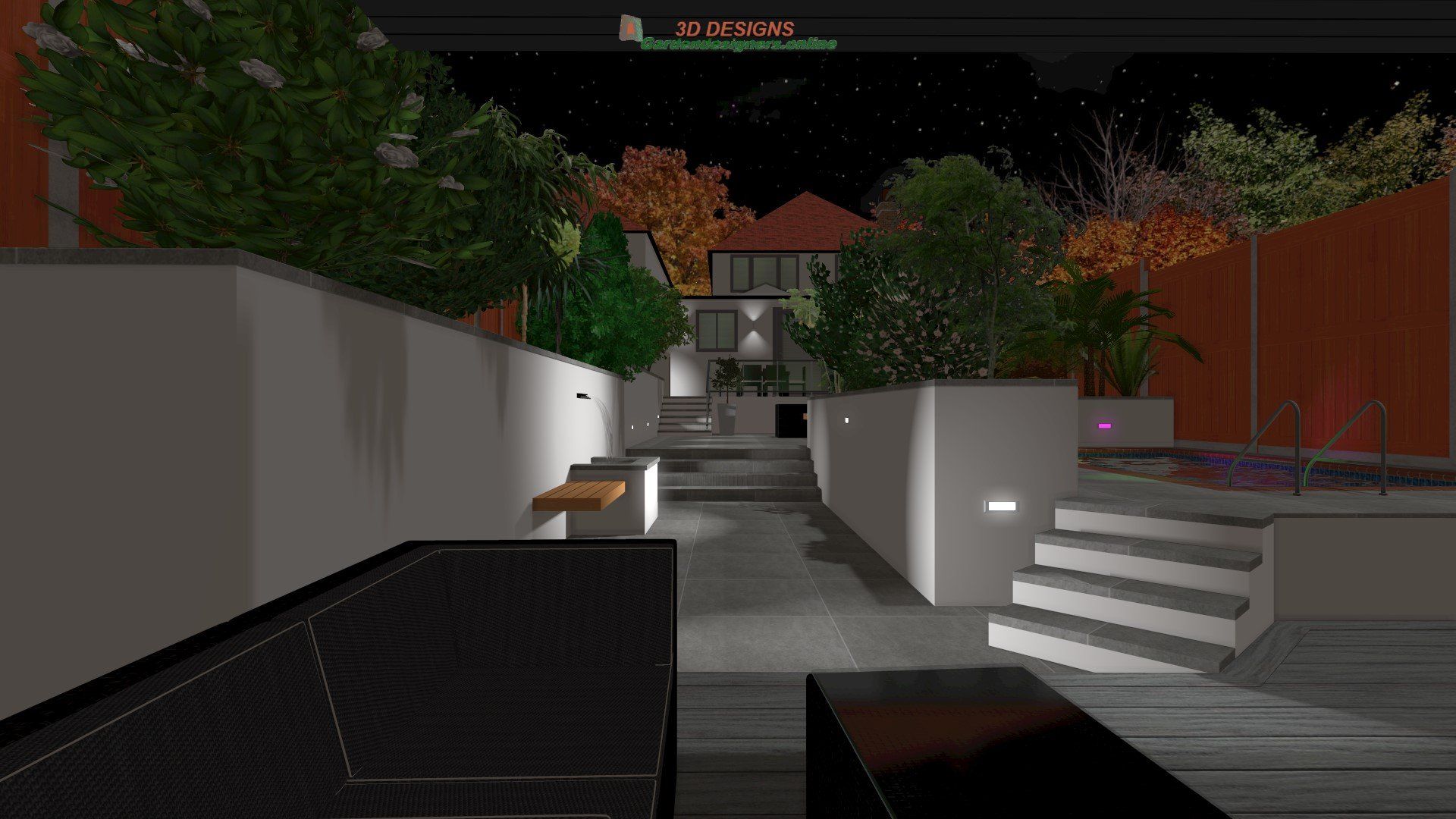 A computer generated image of a house at night.