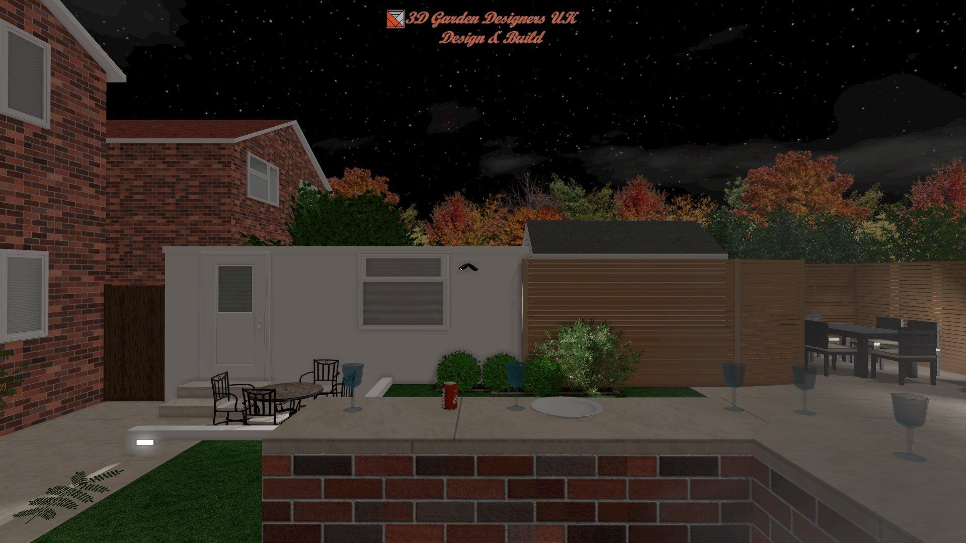 A brick house with a pool in the backyard at night