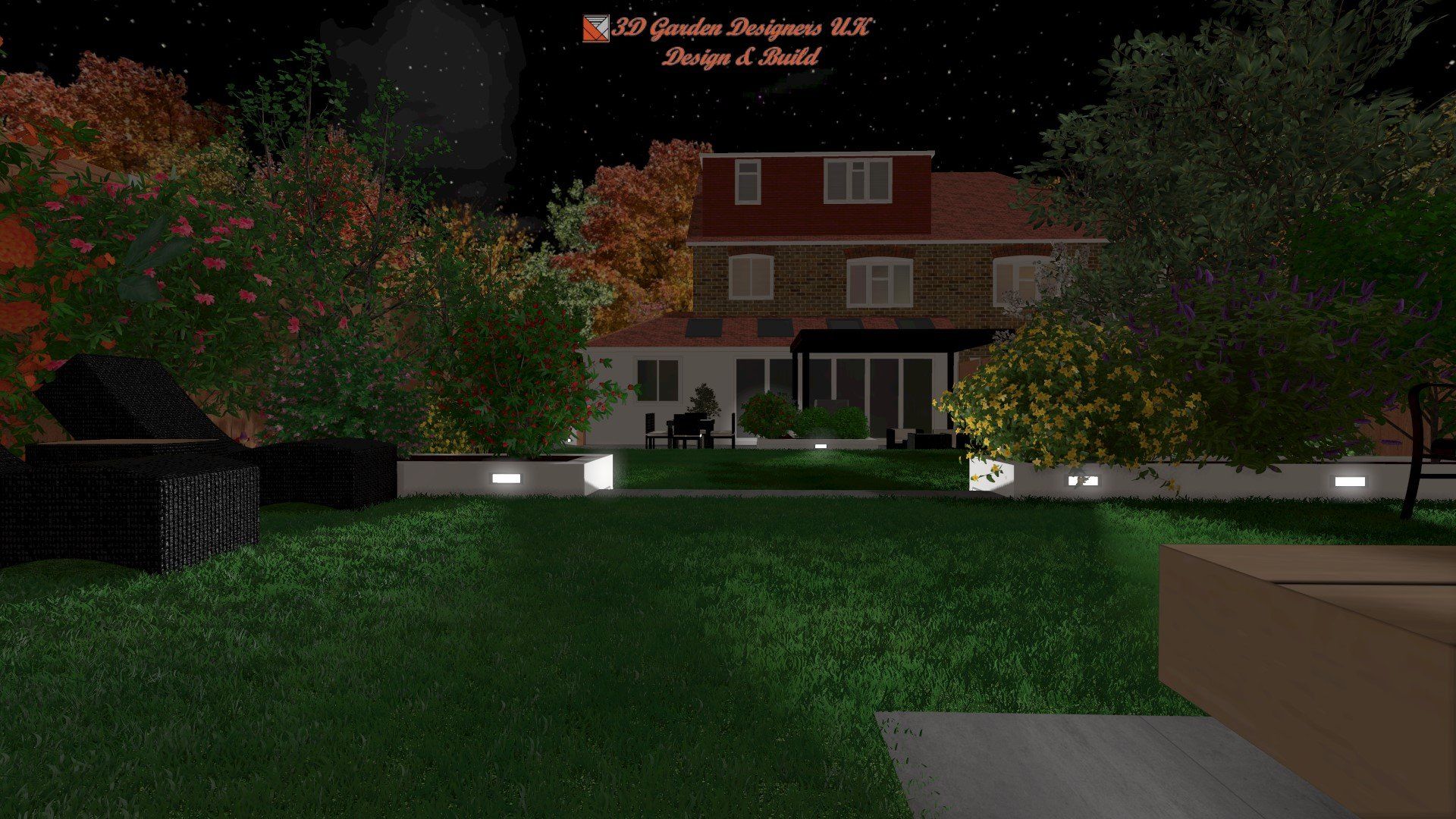 A computer generated image of a house at night.