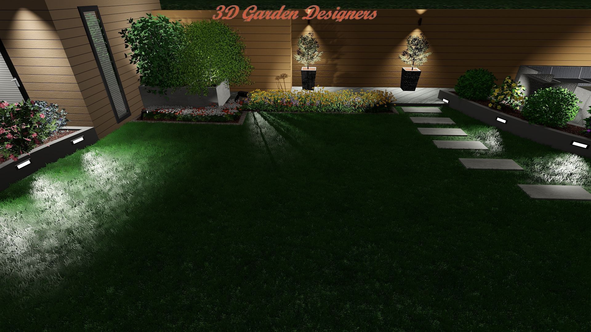 A 3d rendering of a garden with a lot of plants and lights.
