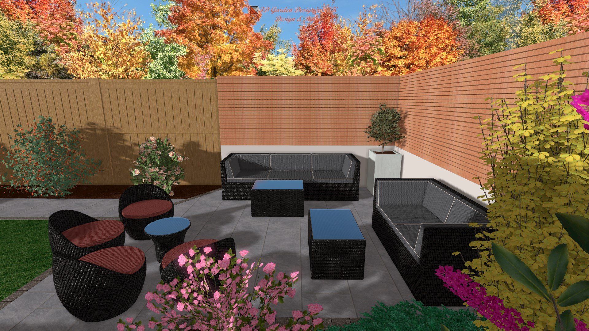 A computer generated image of a patio with furniture and flowers.