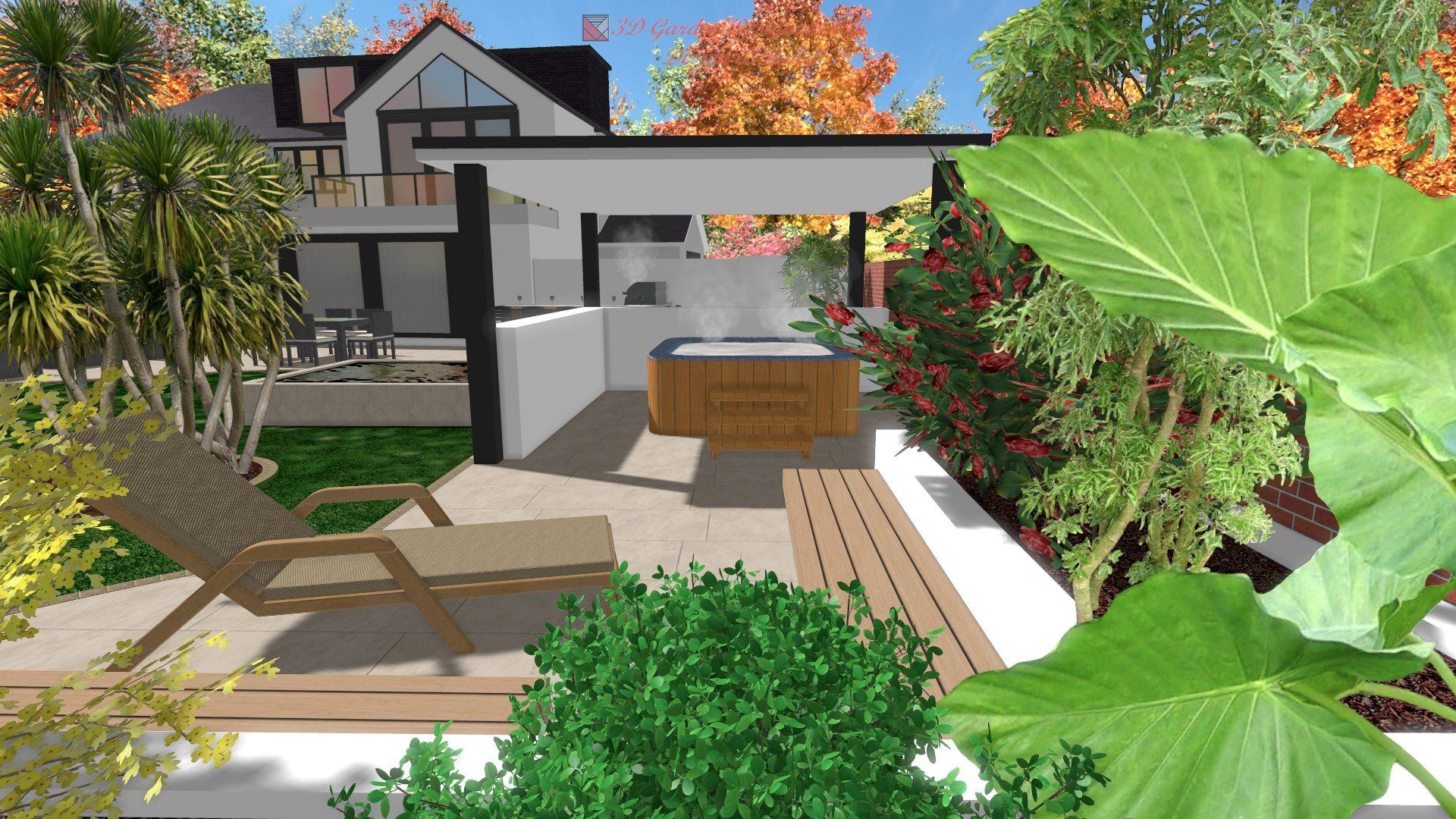 A 3d rendering of a backyard with a hot tub and a house in the background.