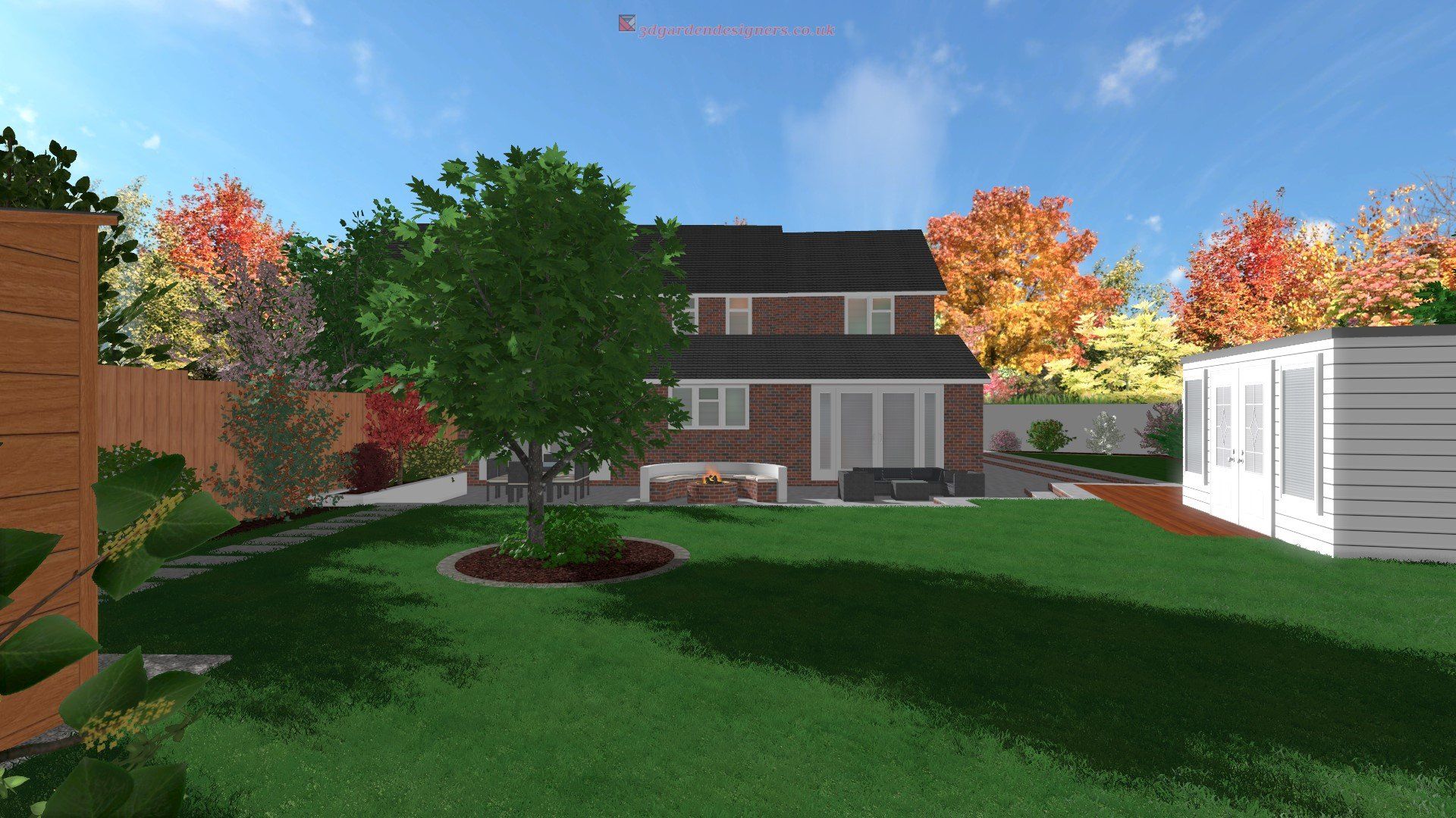 A computer generated image of a backyard with a house and a shed.