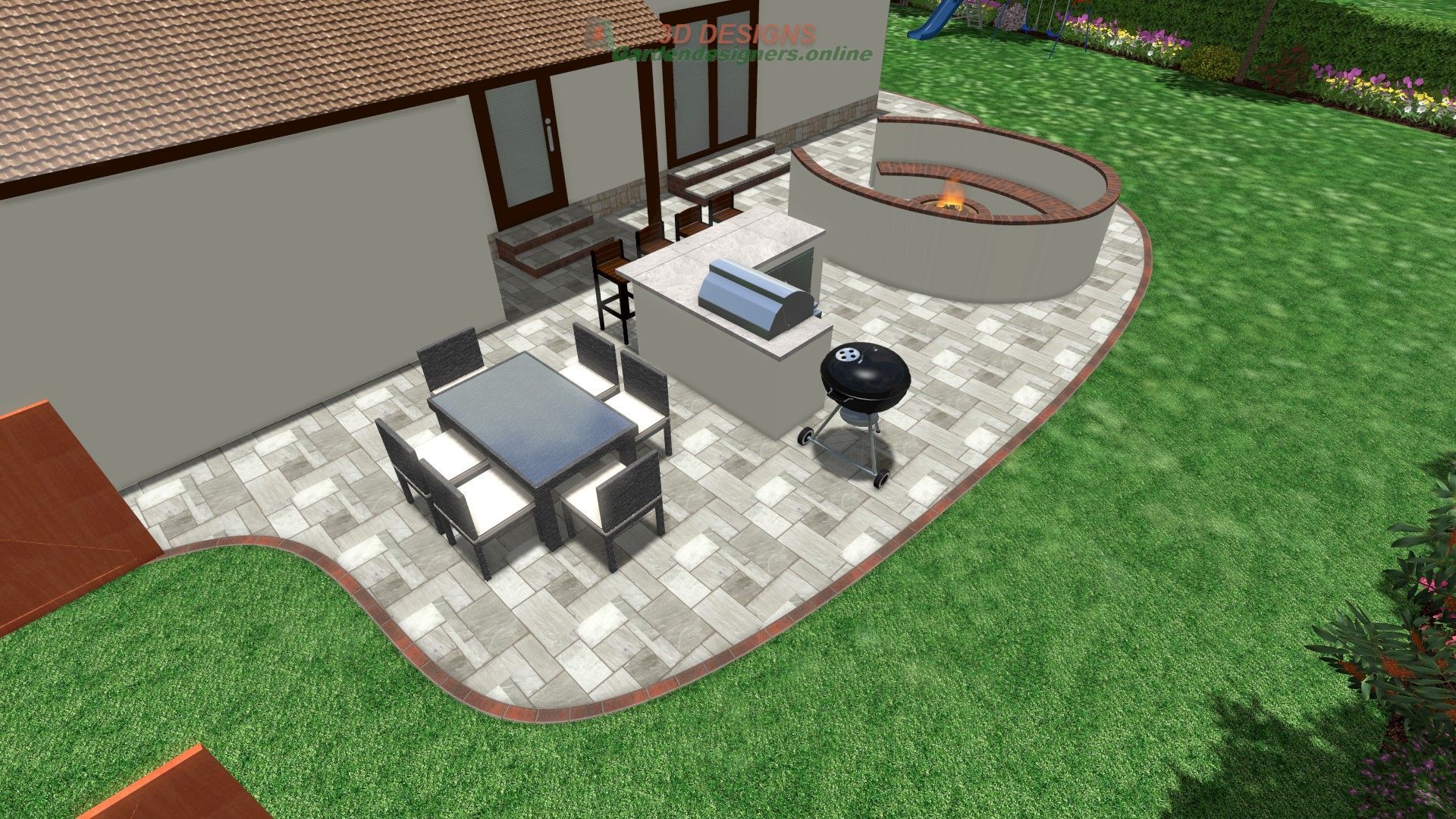 A computer generated image of a patio with a table and chairs and a grill.