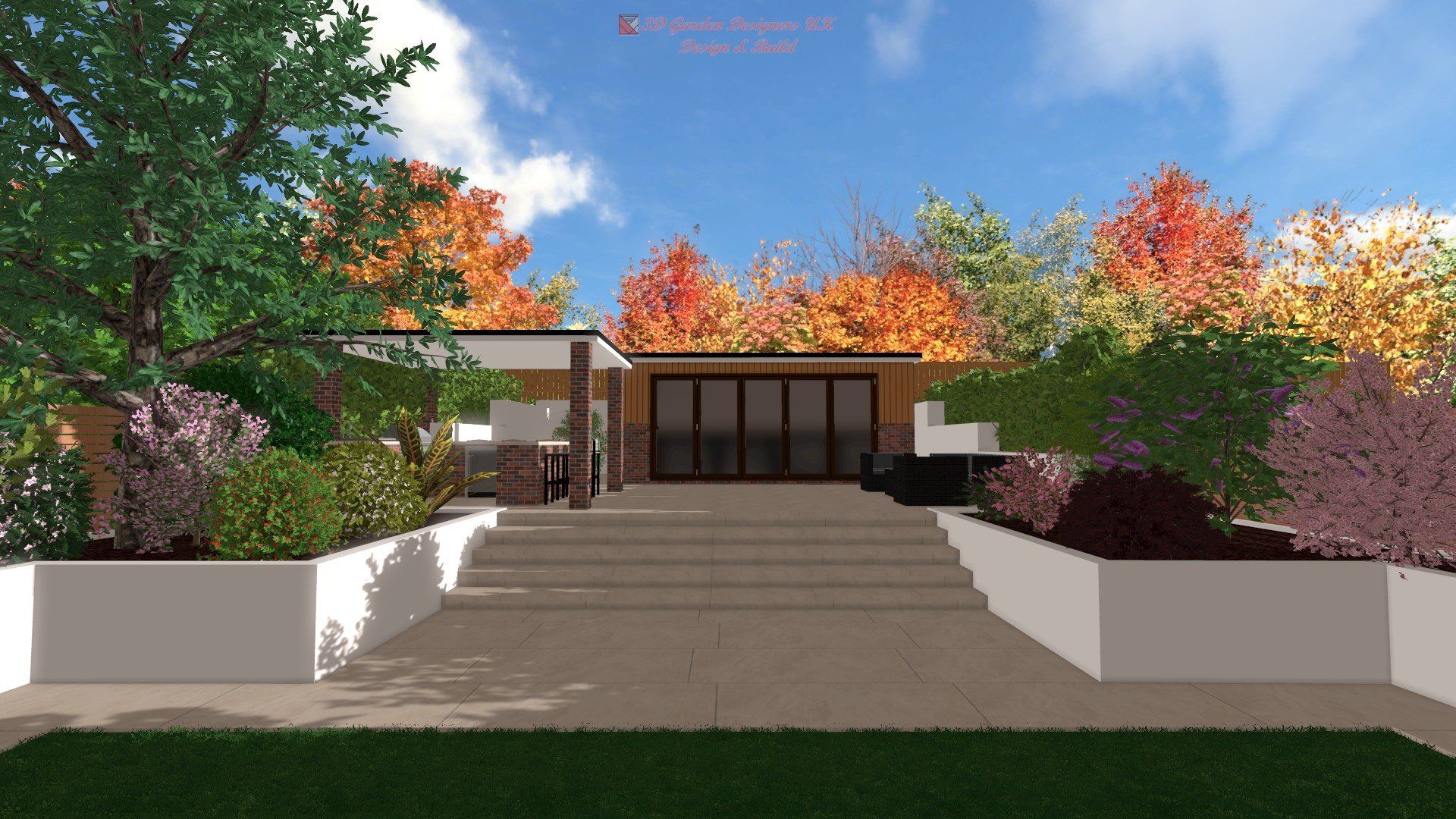 A computer generated image of a house with trees in the background