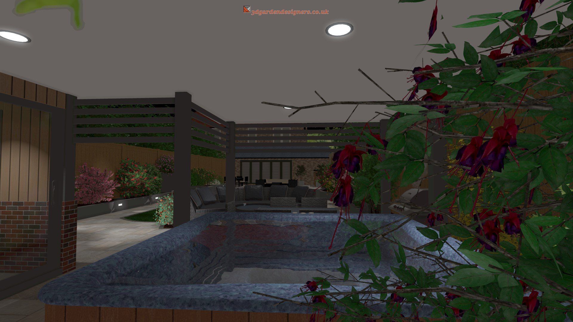 A computer generated image of a swimming pool in a backyard.