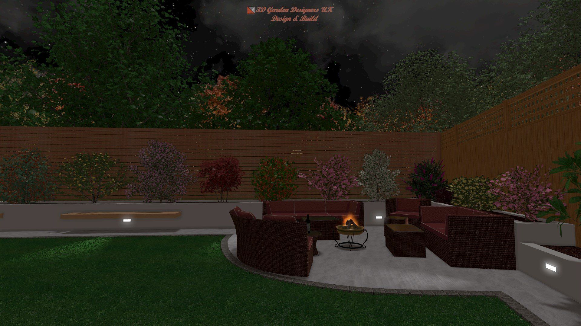 A computer generated image of a backyard at night with a fire pit and furniture.