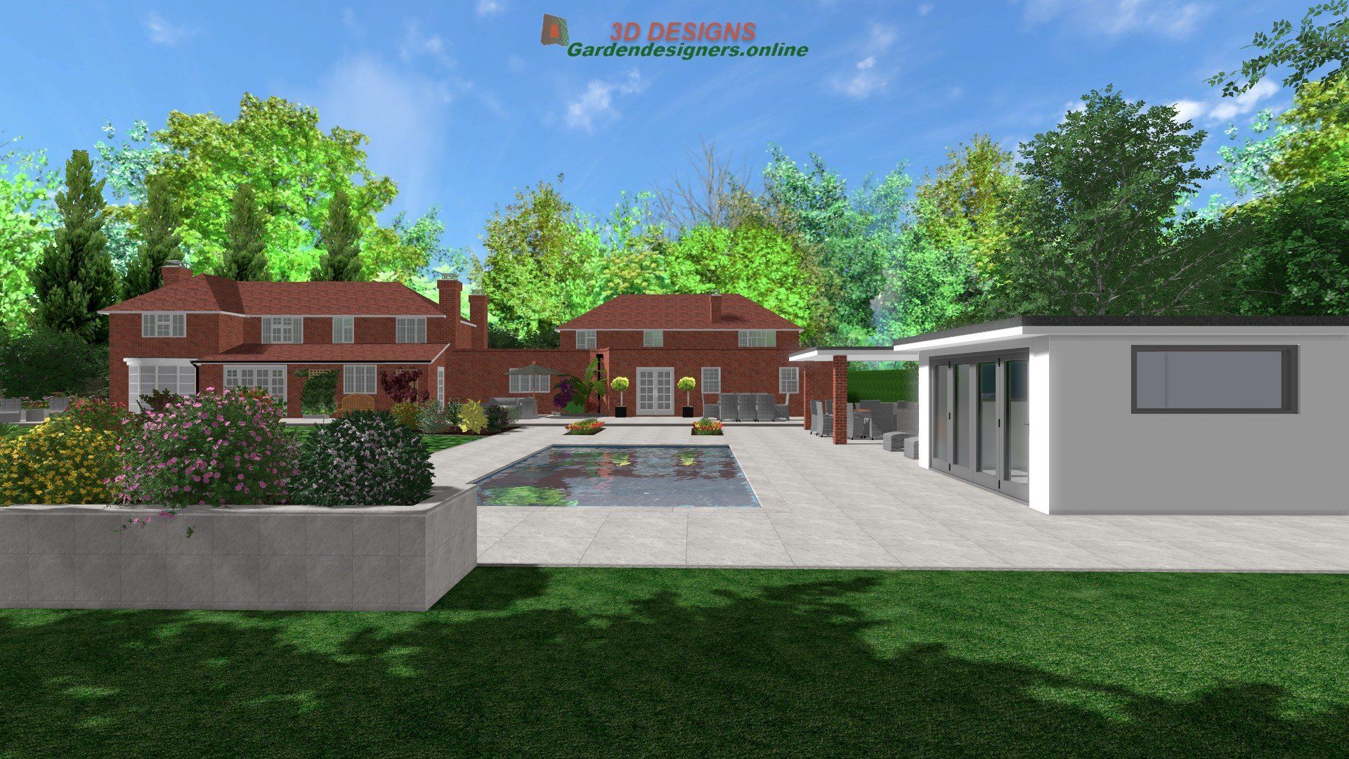 A computer generated image of a house with a pool