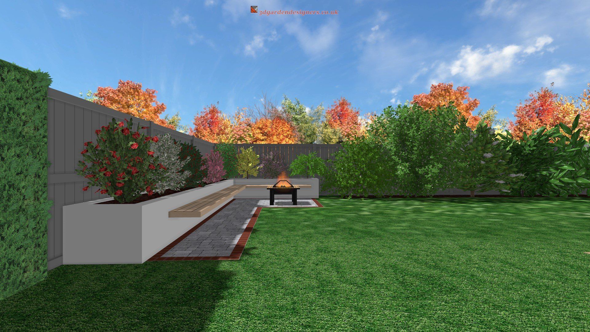 A 3d rendering of a backyard with a fire pit and a bench.