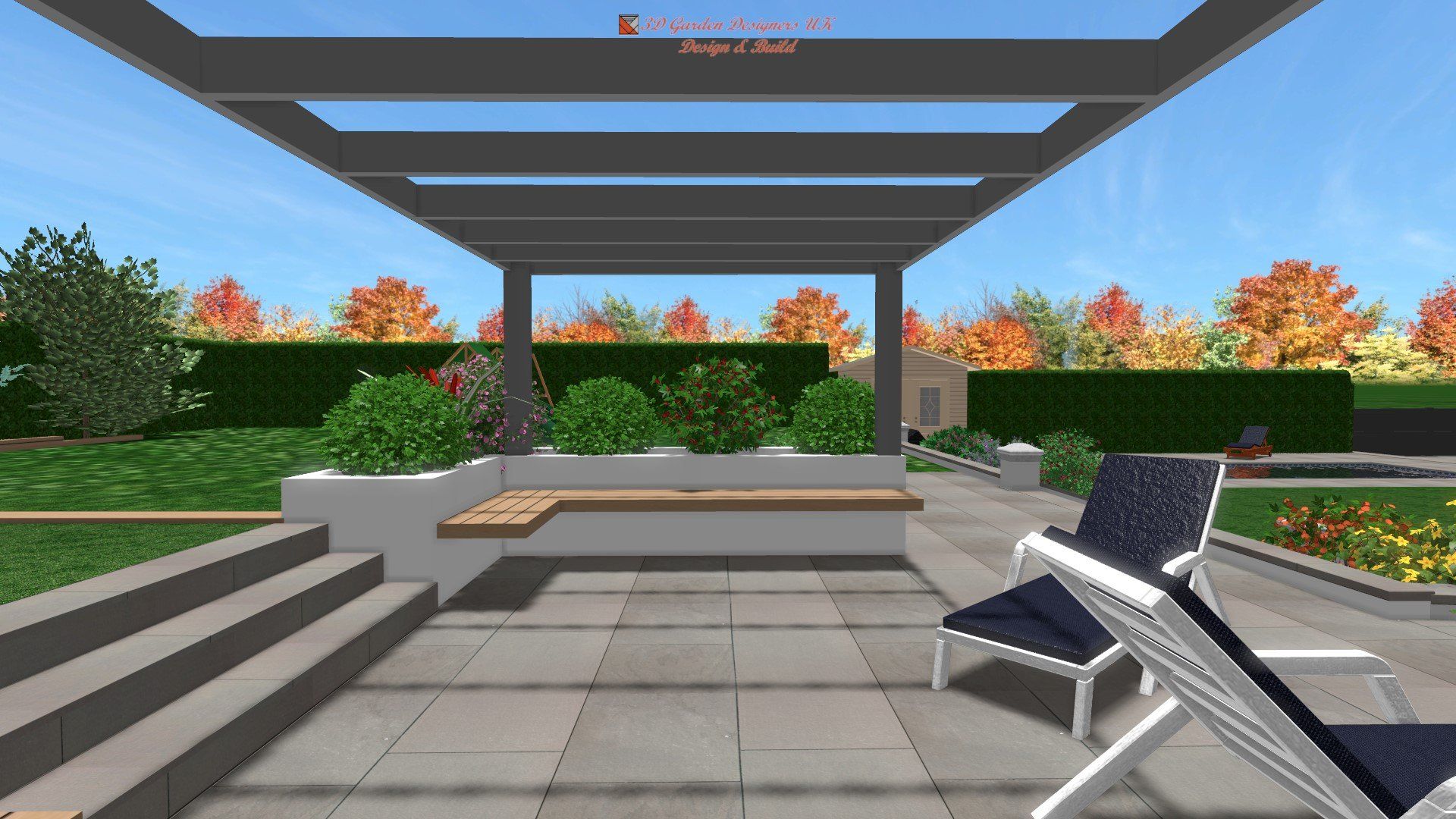 A computer generated image of a patio with chairs and a pergola