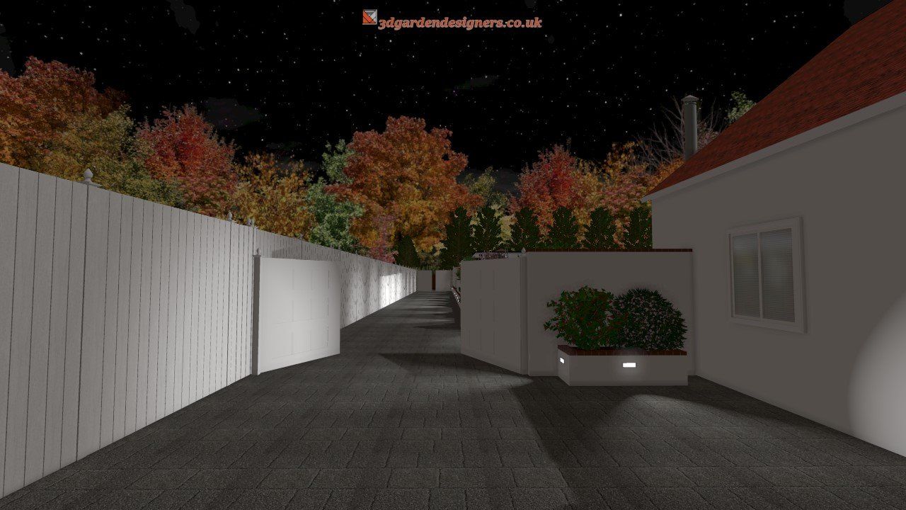 A computer generated image of a fenced in area at night