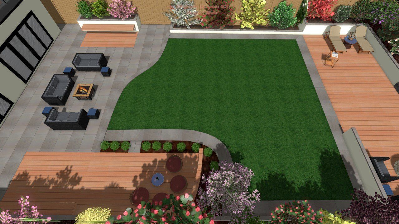 An aerial view of a backyard with a large lawn and a wooden deck.