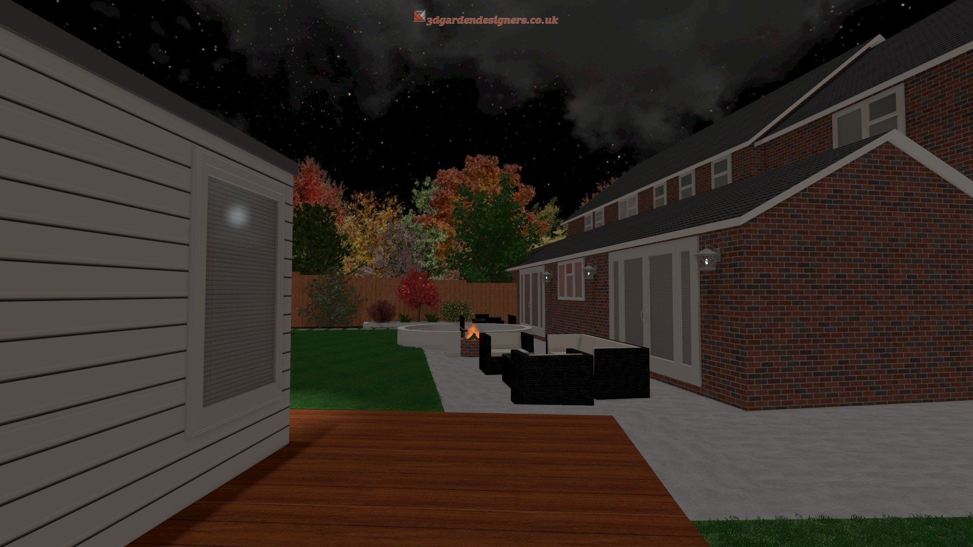 A computer generated image of a brick house with a patio at night.