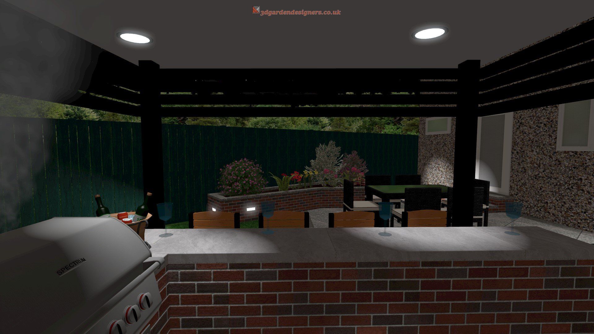 A computer generated image of a patio with a grill and a brick wall.