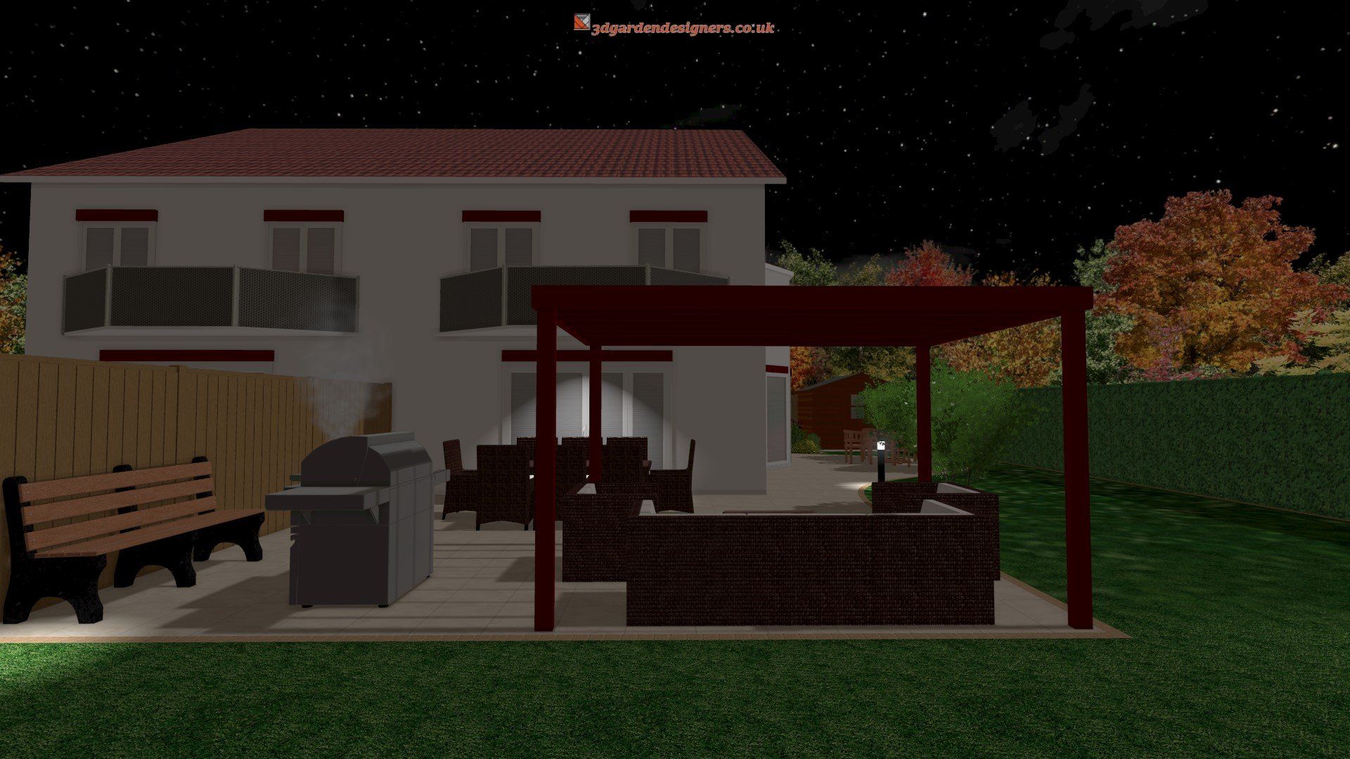 A 3d rendering of a house with a patio at night.
