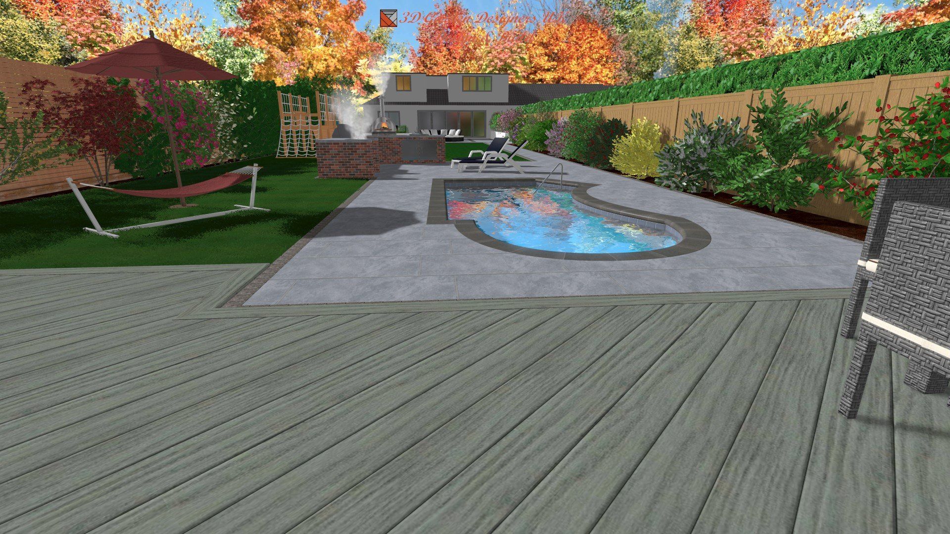 A computer generated image of a backyard with a deck and a pool.