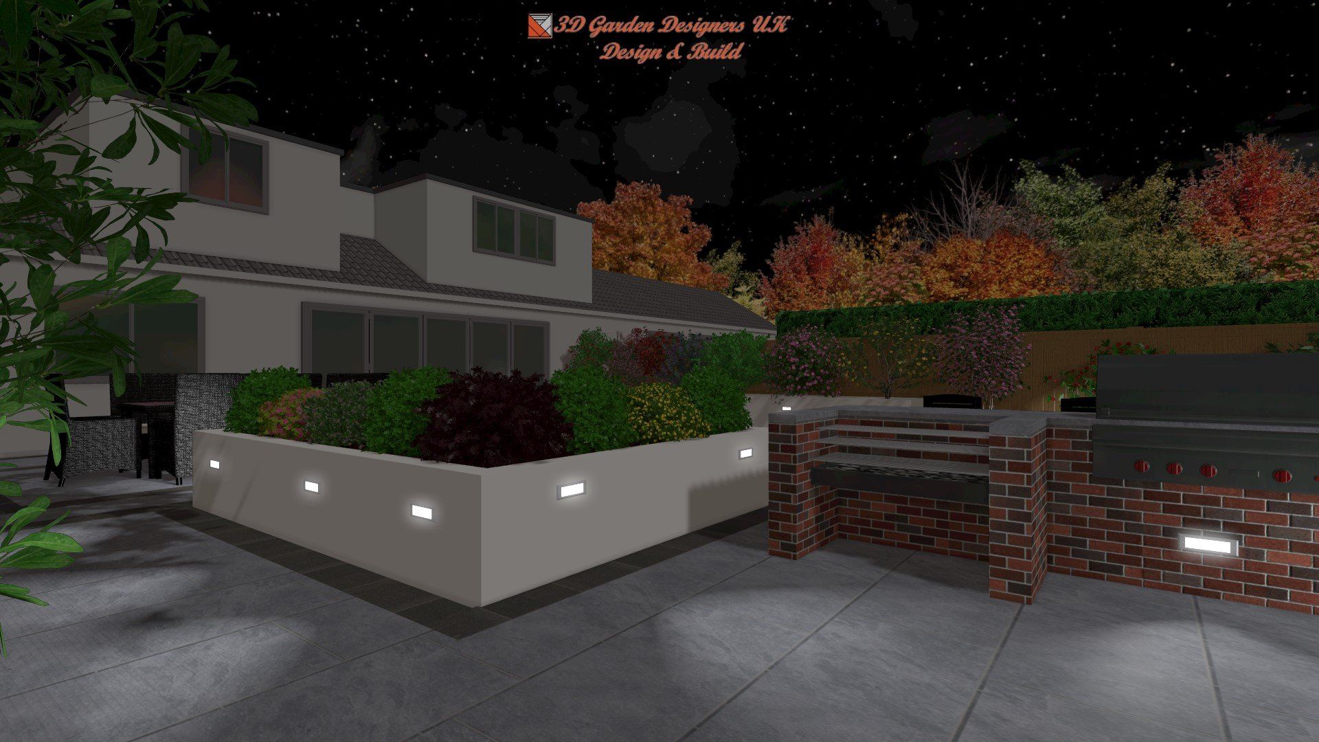 A computer generated image of a house at night.