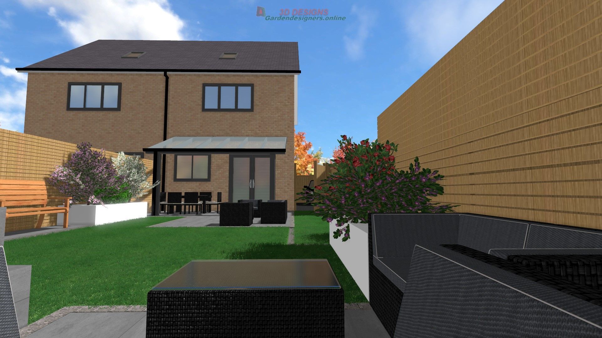 A computer generated image of a house and backyard