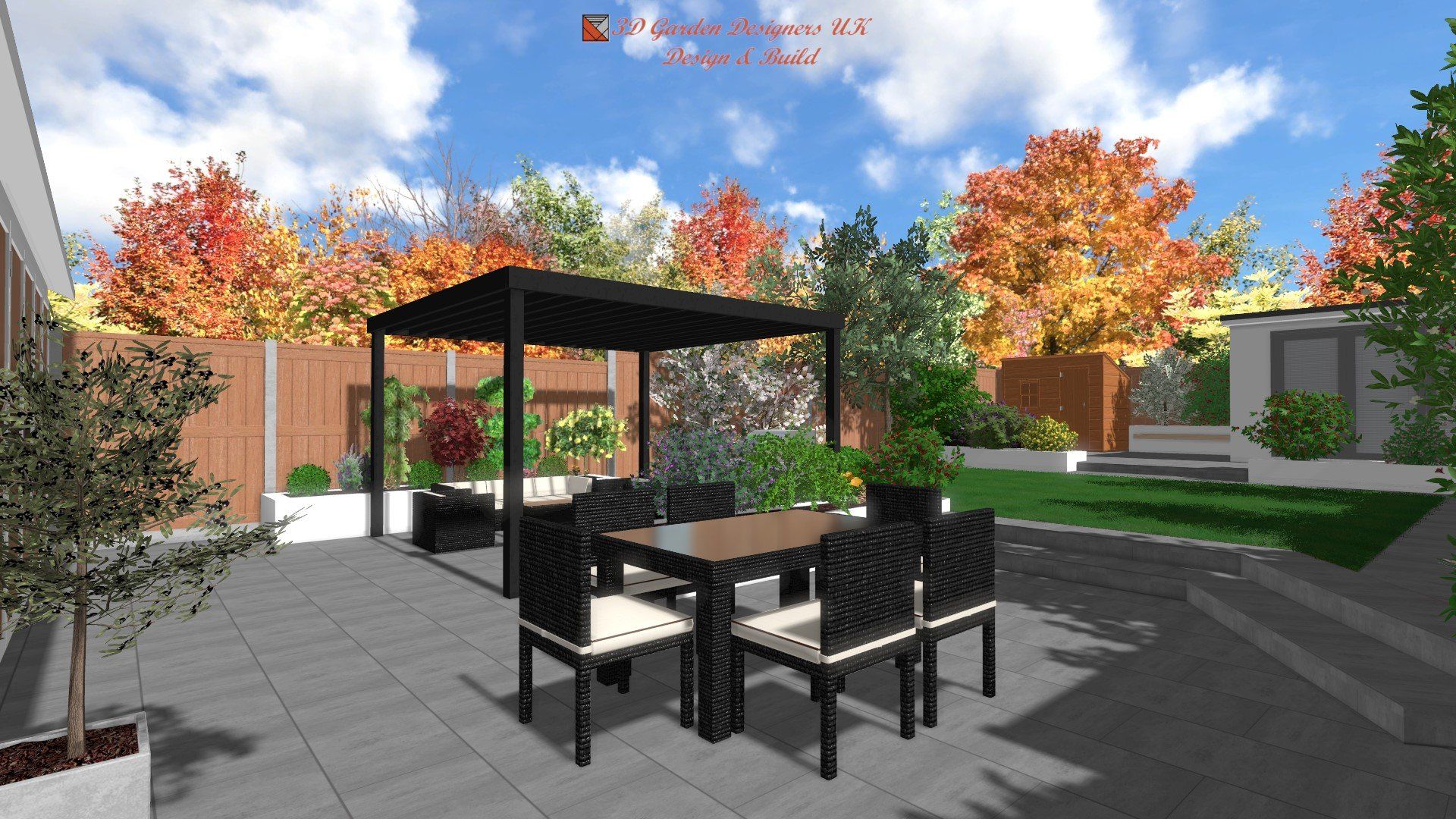 A computer generated image of a patio with a table and chairs and a gazebo.