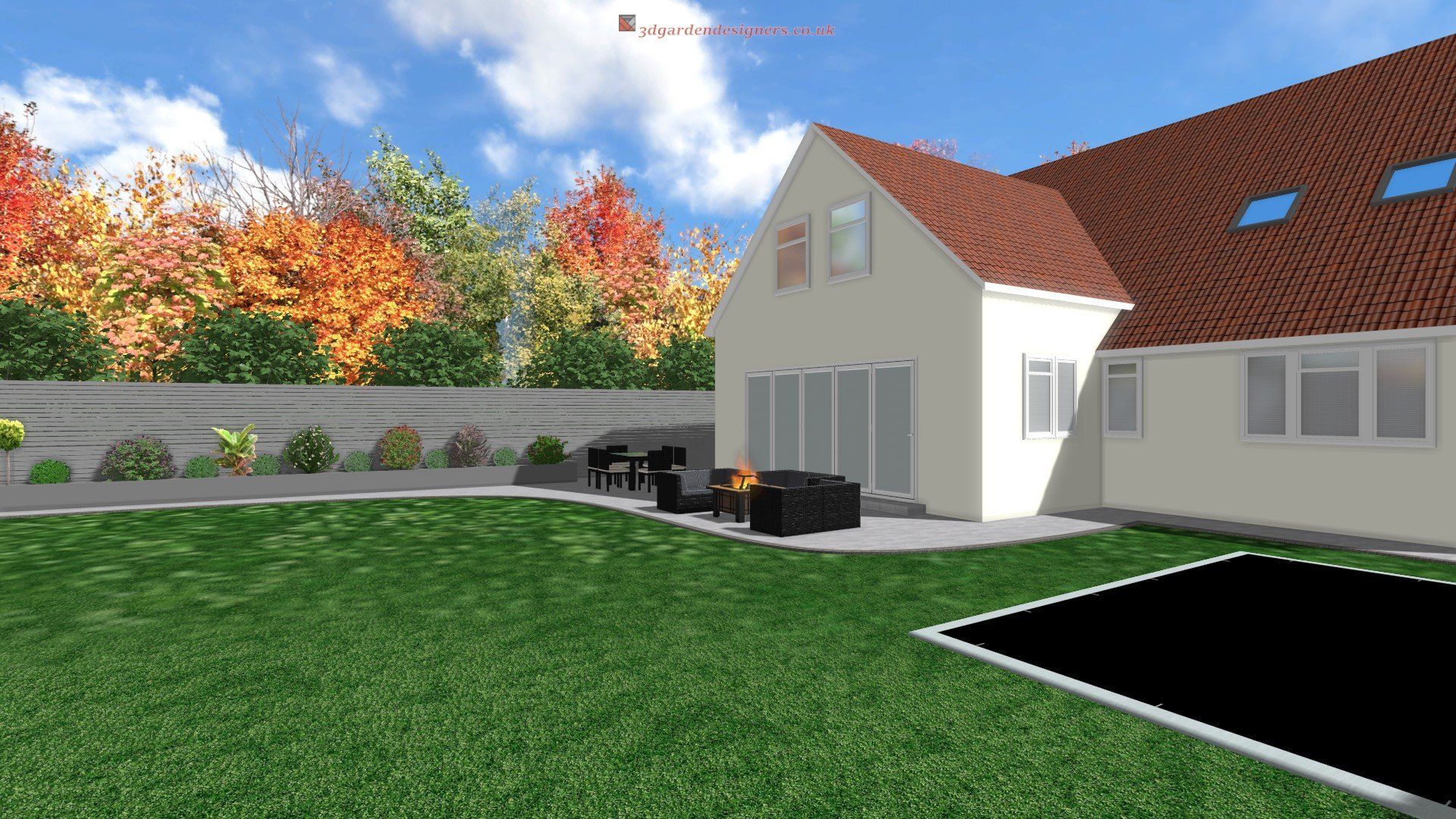 A computer generated image of a house with a large lawn in front of it