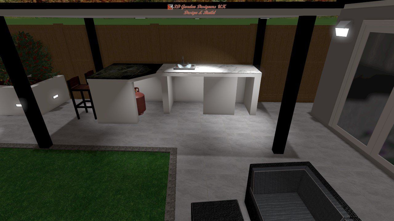 A computer generated image of a house with a table and chairs