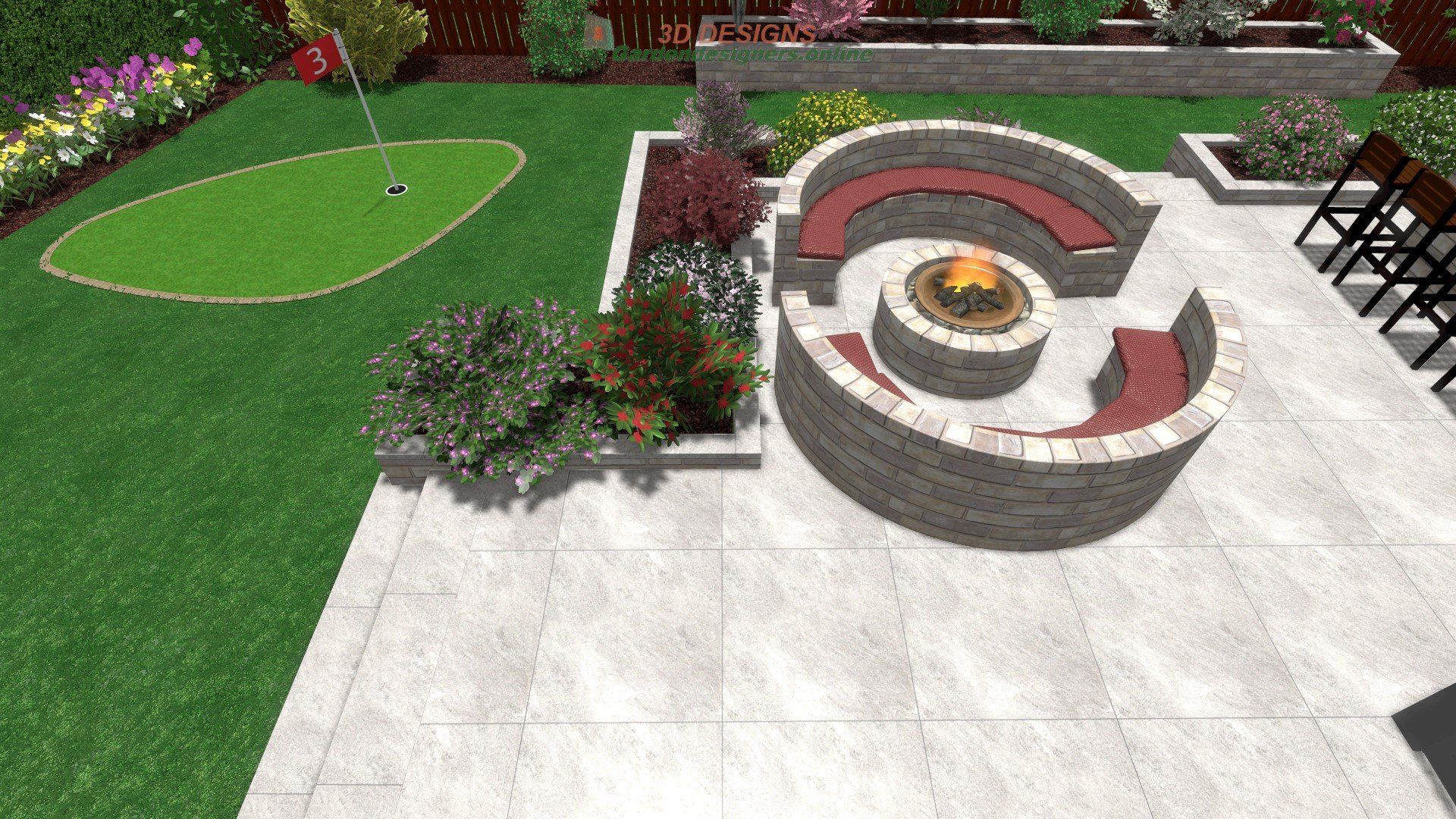A computer generated image of a backyard with a fire pit and a putting green.