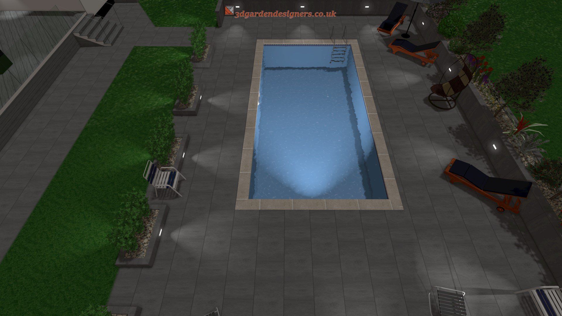An aerial view of a swimming pool in a backyard.