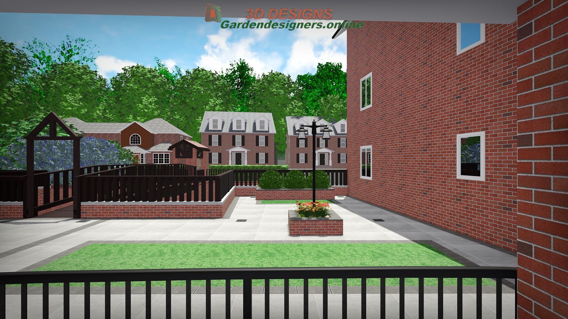 A computer generated image of a brick building with trees in the background