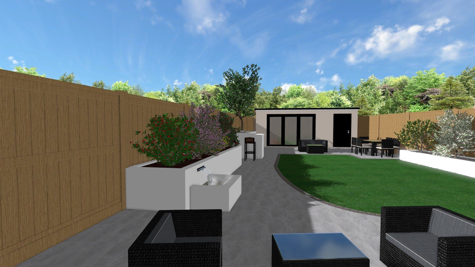 A computer generated image of a backyard with furniture and a fence.