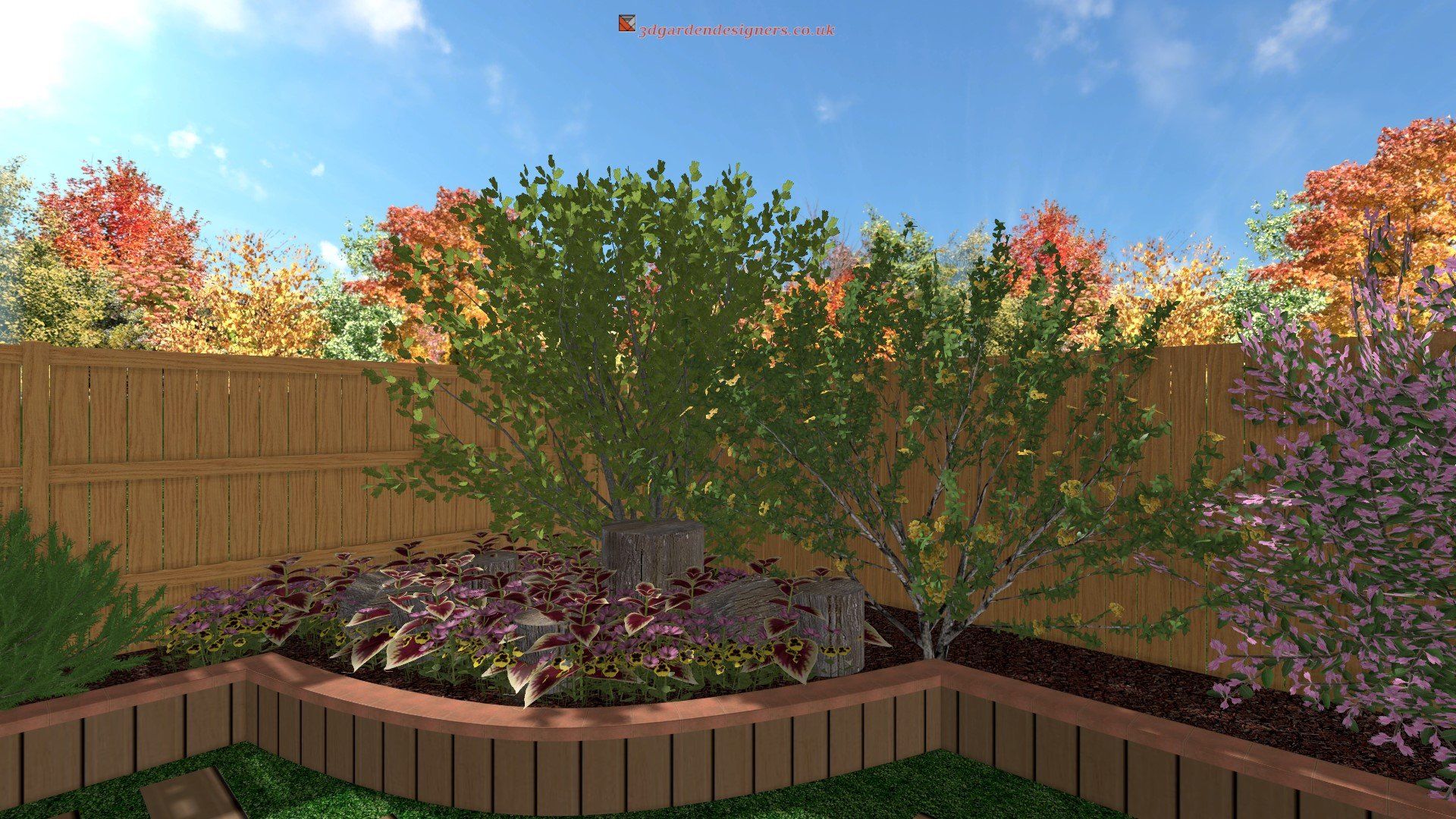 A computer generated image of a garden with a wooden fence and flowers.