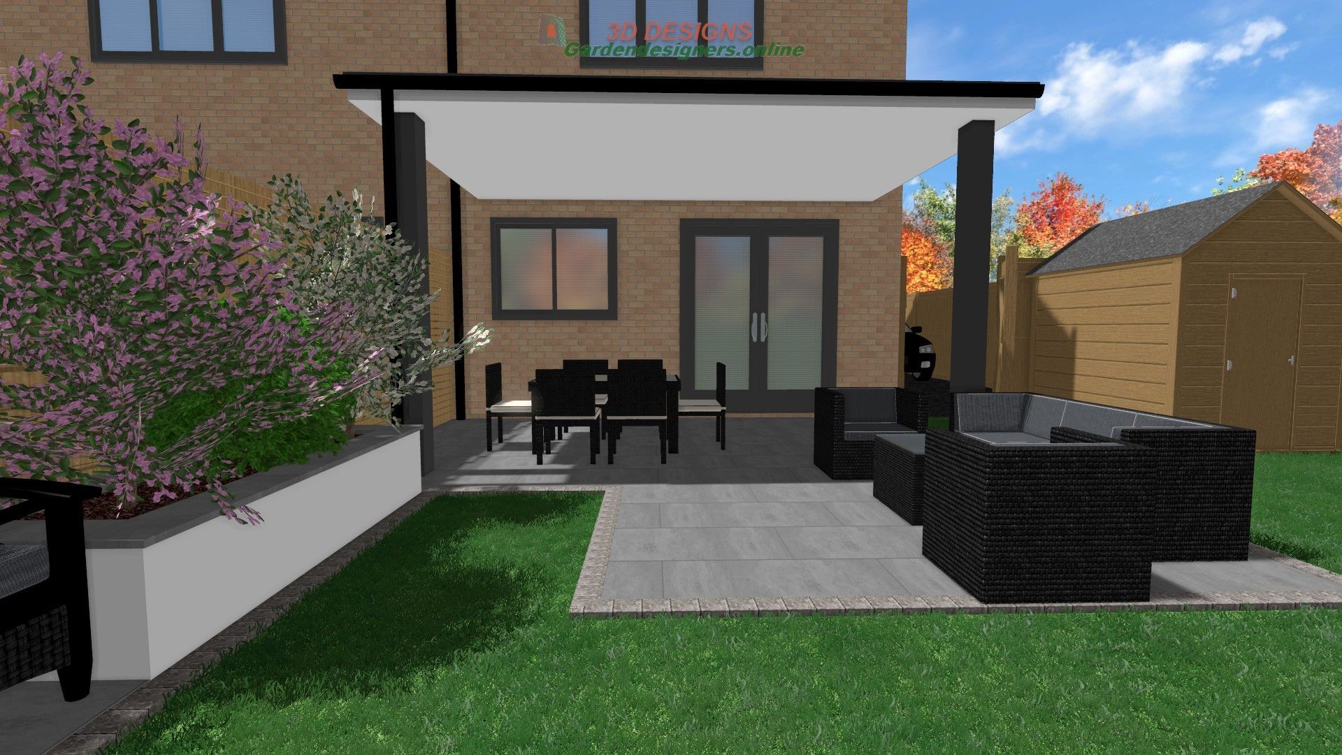 A computer generated image of a backyard with a patio and a house in the background.