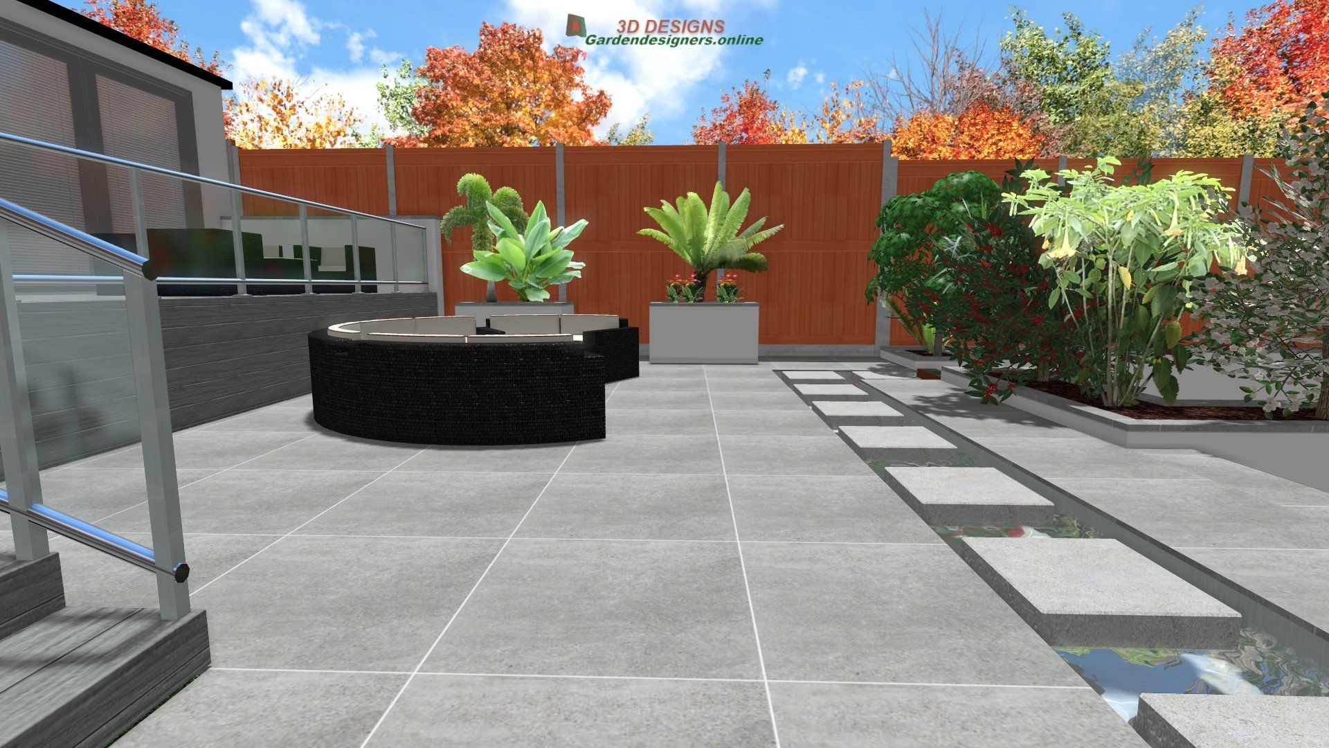 A computer generated image of a backyard with a hot tub