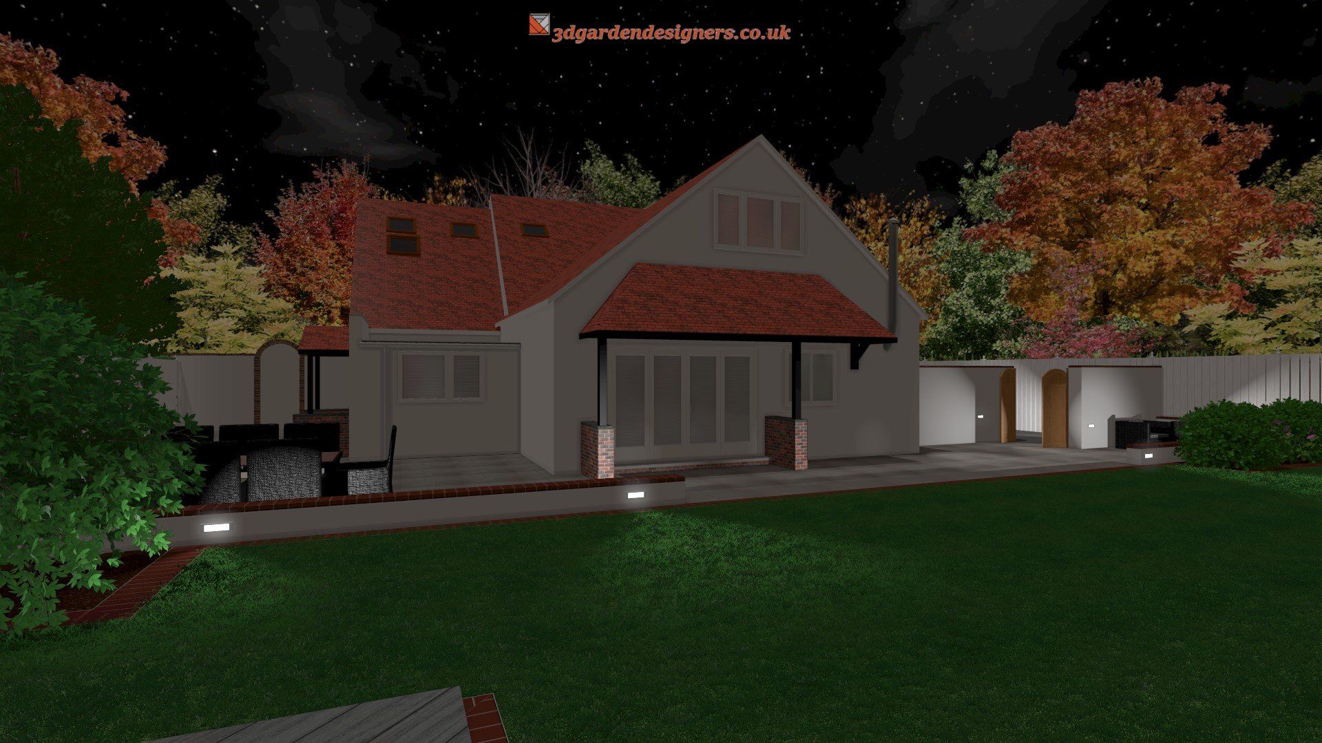A computer generated image of a house with a red roof at night