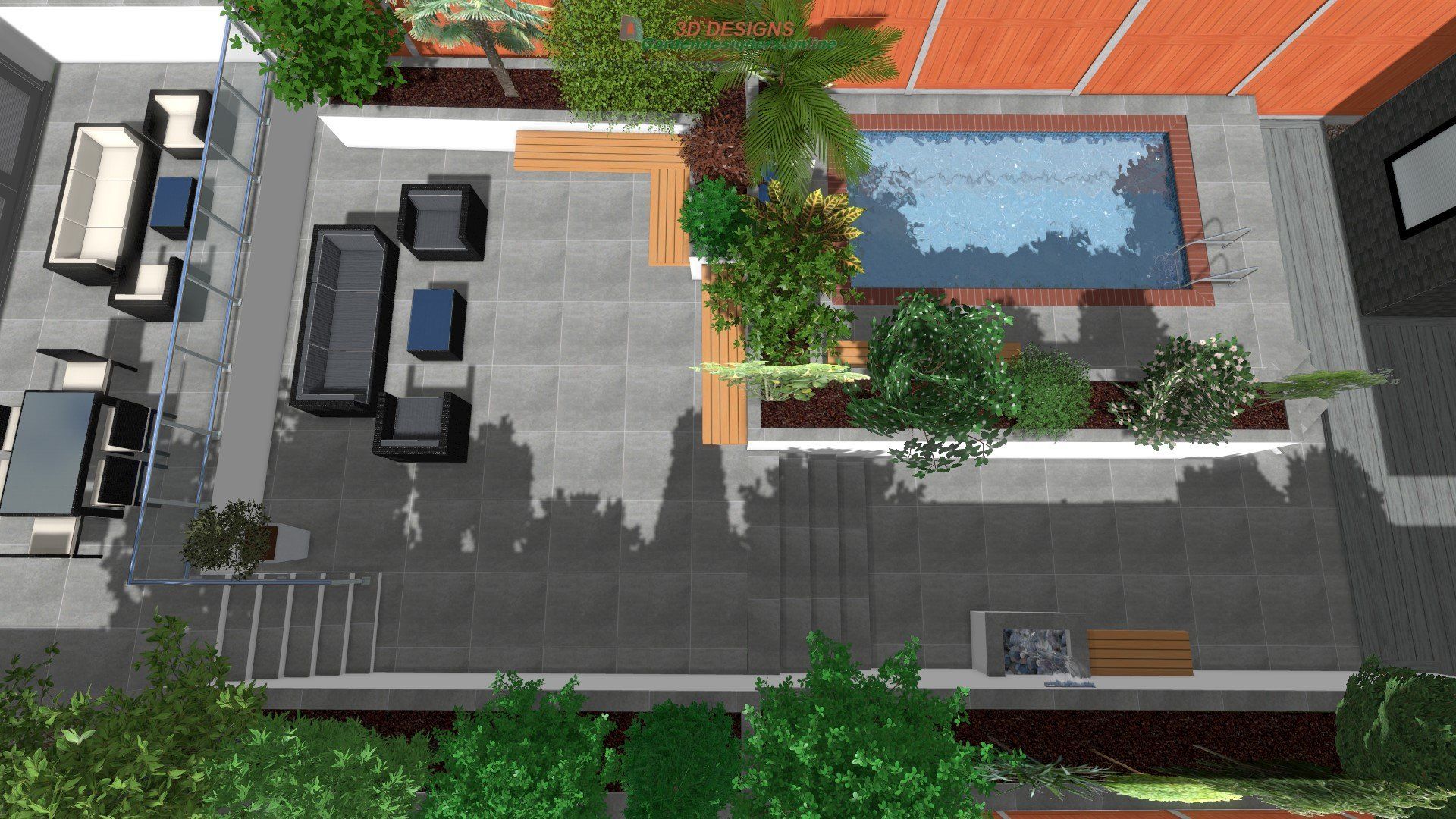 An aerial view of a patio with a pool and furniture