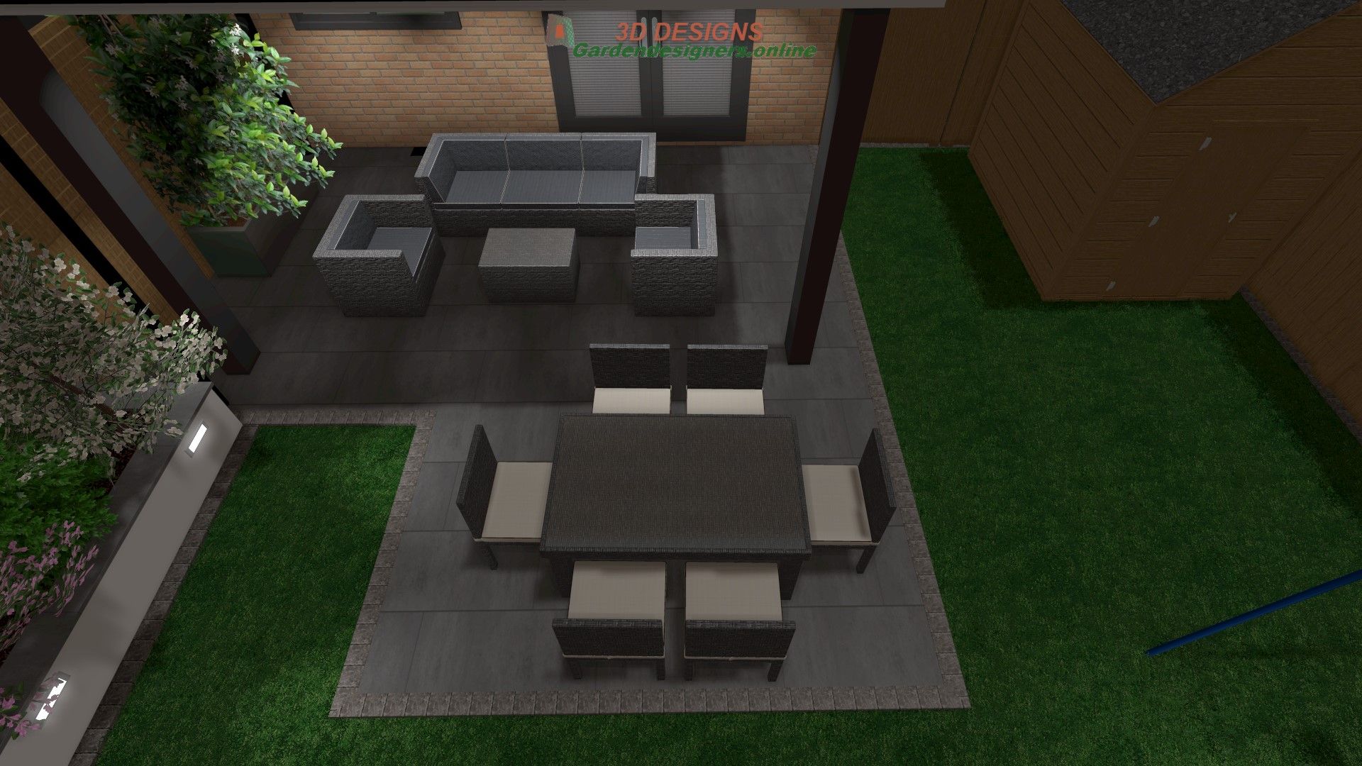 An aerial view of a patio with a table and chairs.