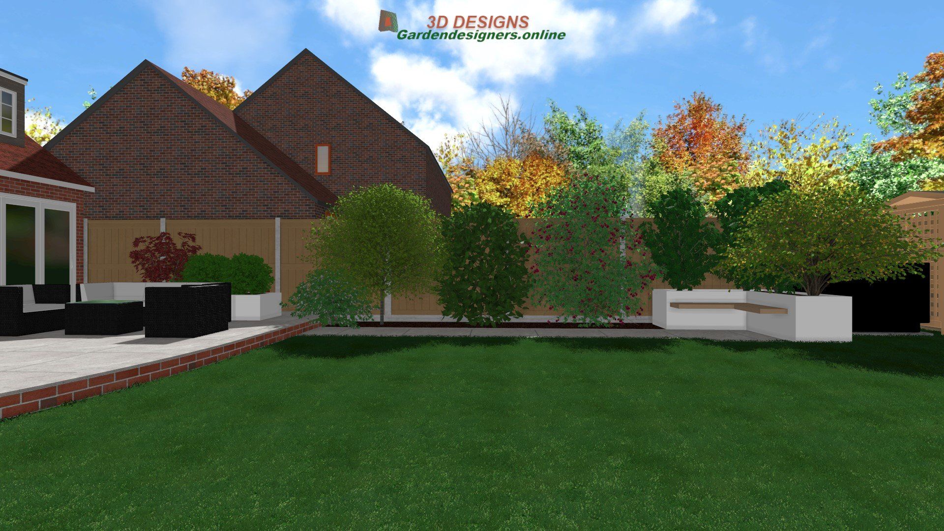 A computer generated image of a backyard with a house in the background