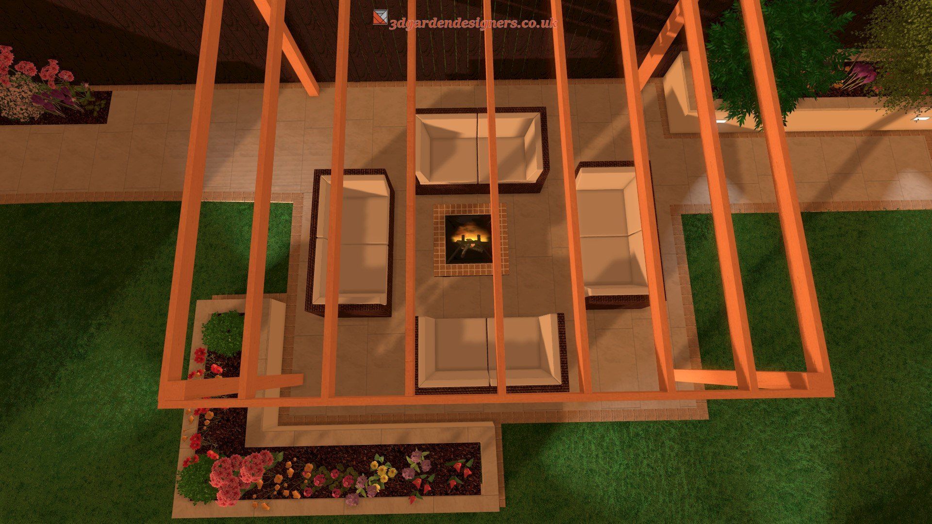 An aerial view of a patio with furniture and a fire pit.