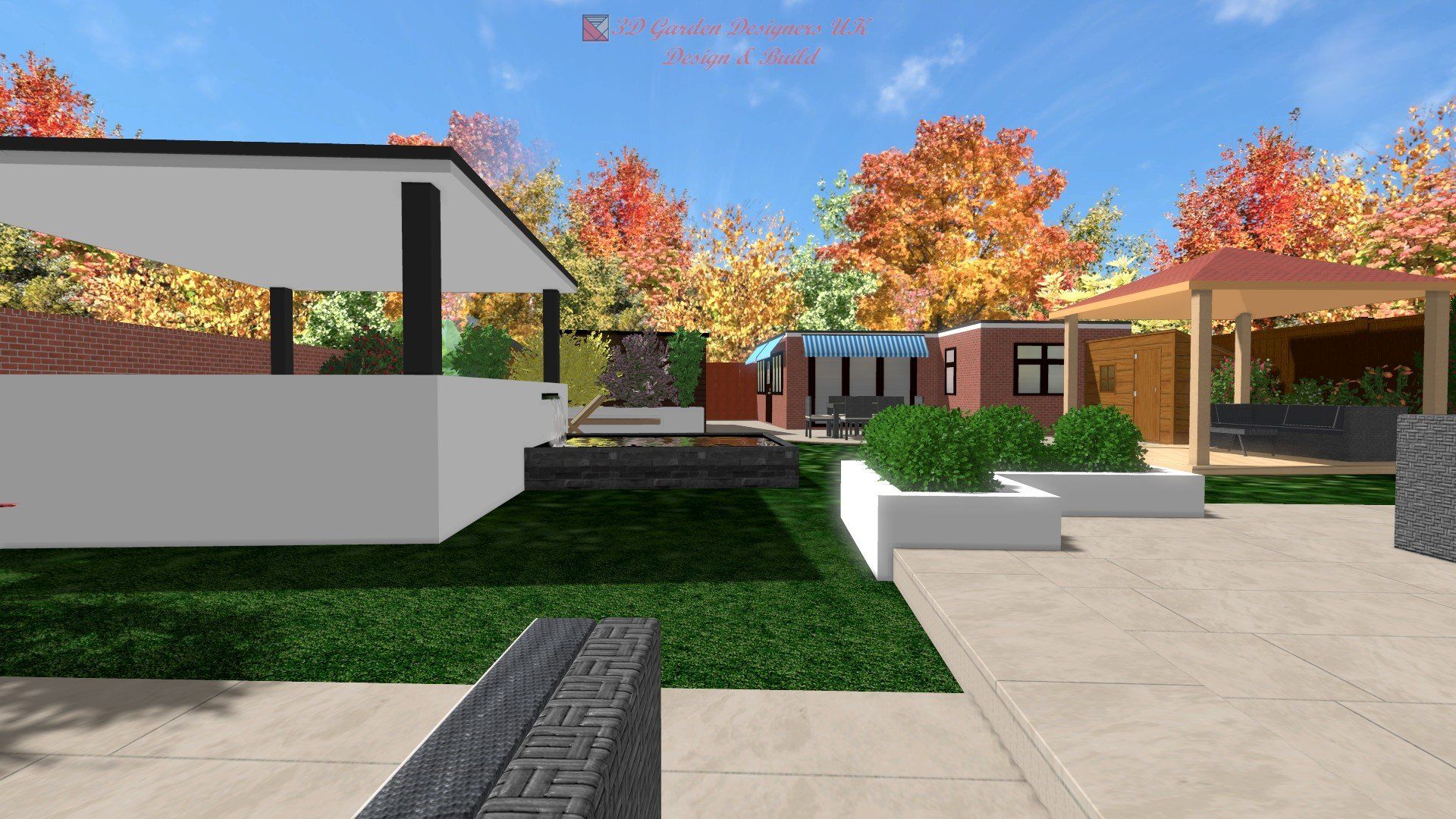 A computer generated image of a house with trees in the background