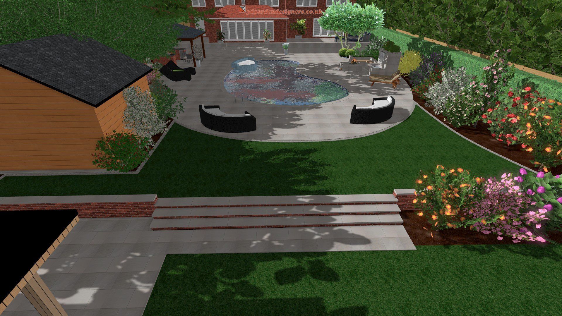 A computer generated image of a backyard with a pool and a house in the background.