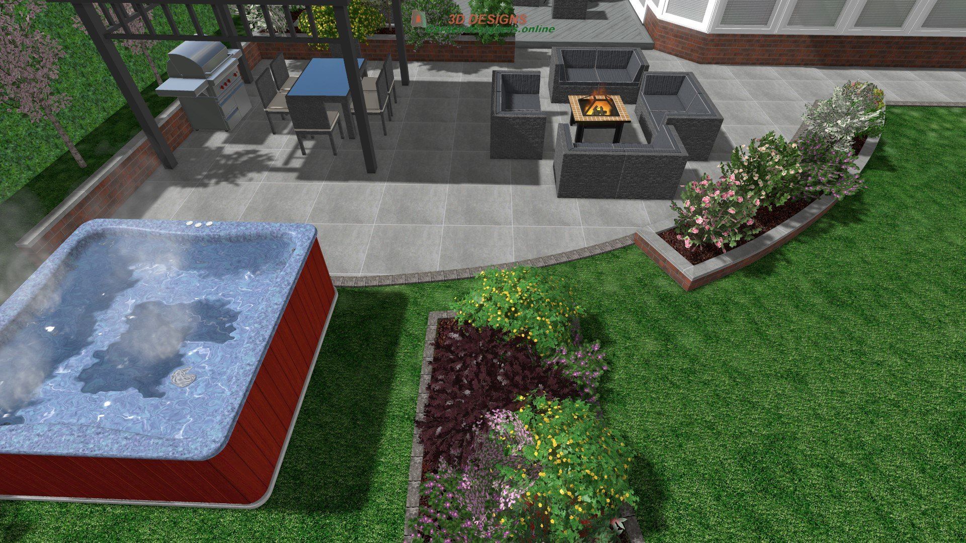 An aerial view of a backyard with a hot tub and a fire pit.