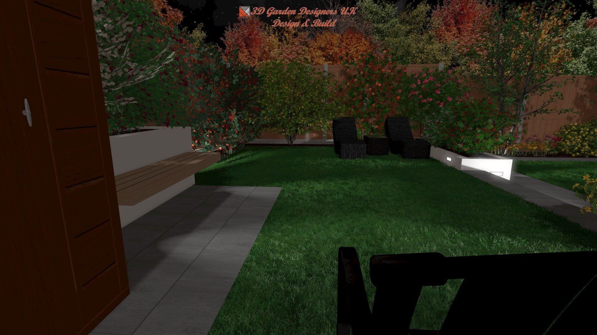 A computer generated image of a backyard with a lawn and chairs.