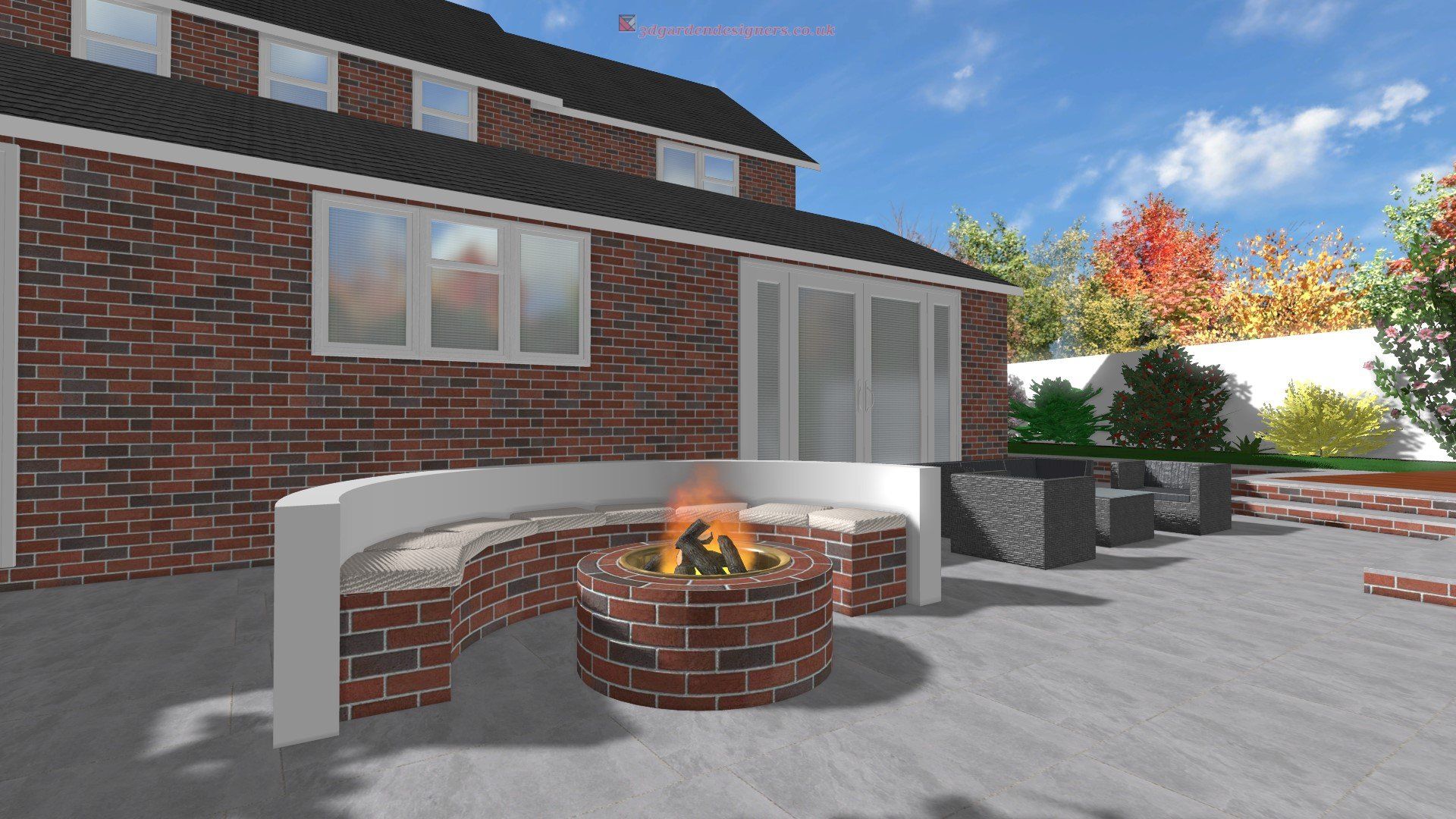 A brick house with a fire pit in front of it