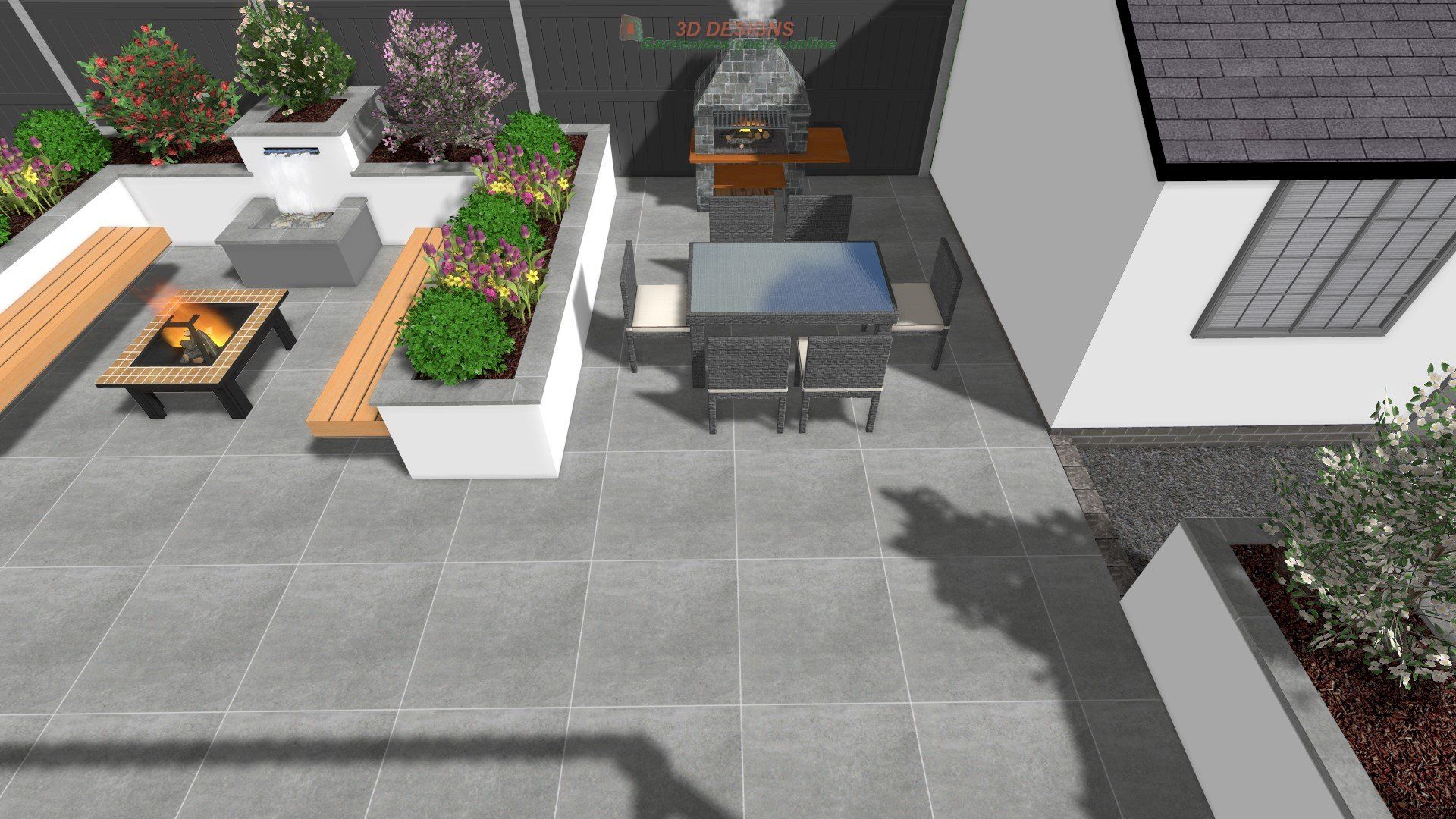 A computer generated image of a patio with a fire pit