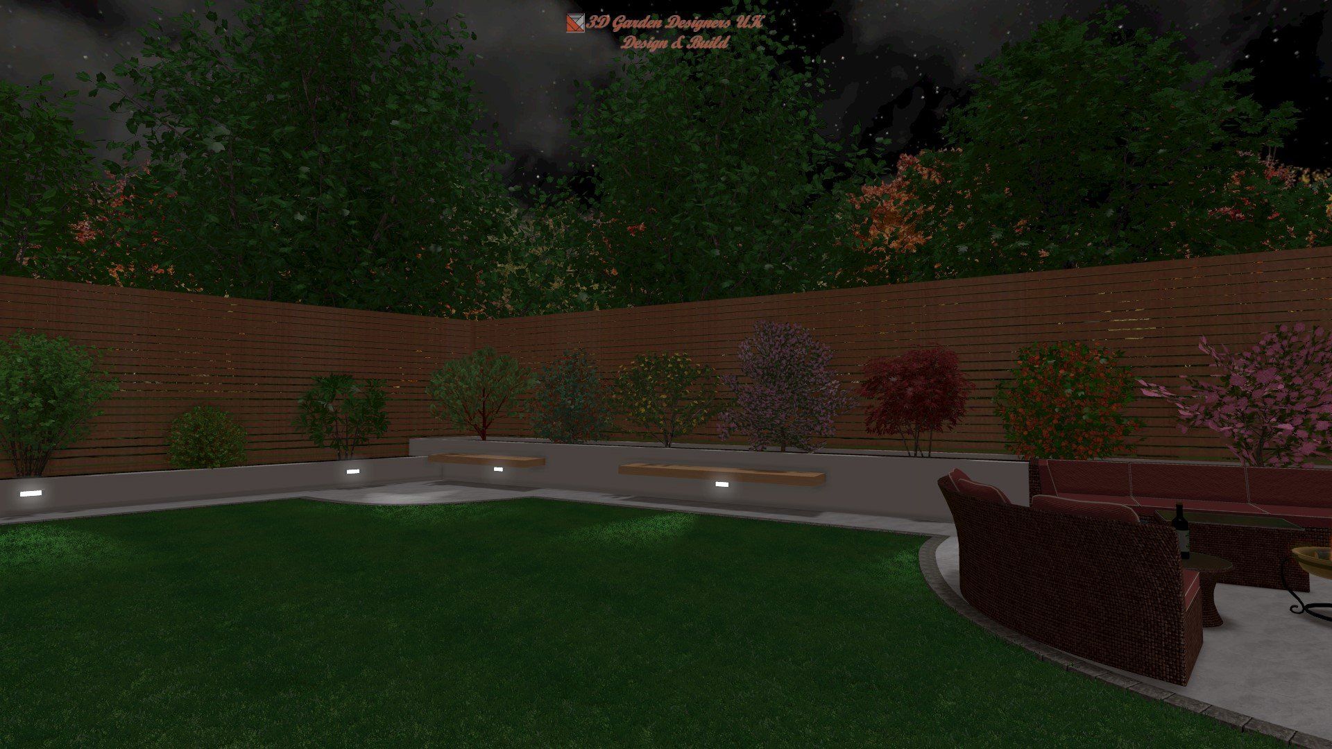 A computer generated image of a backyard at night with a couch and a table.